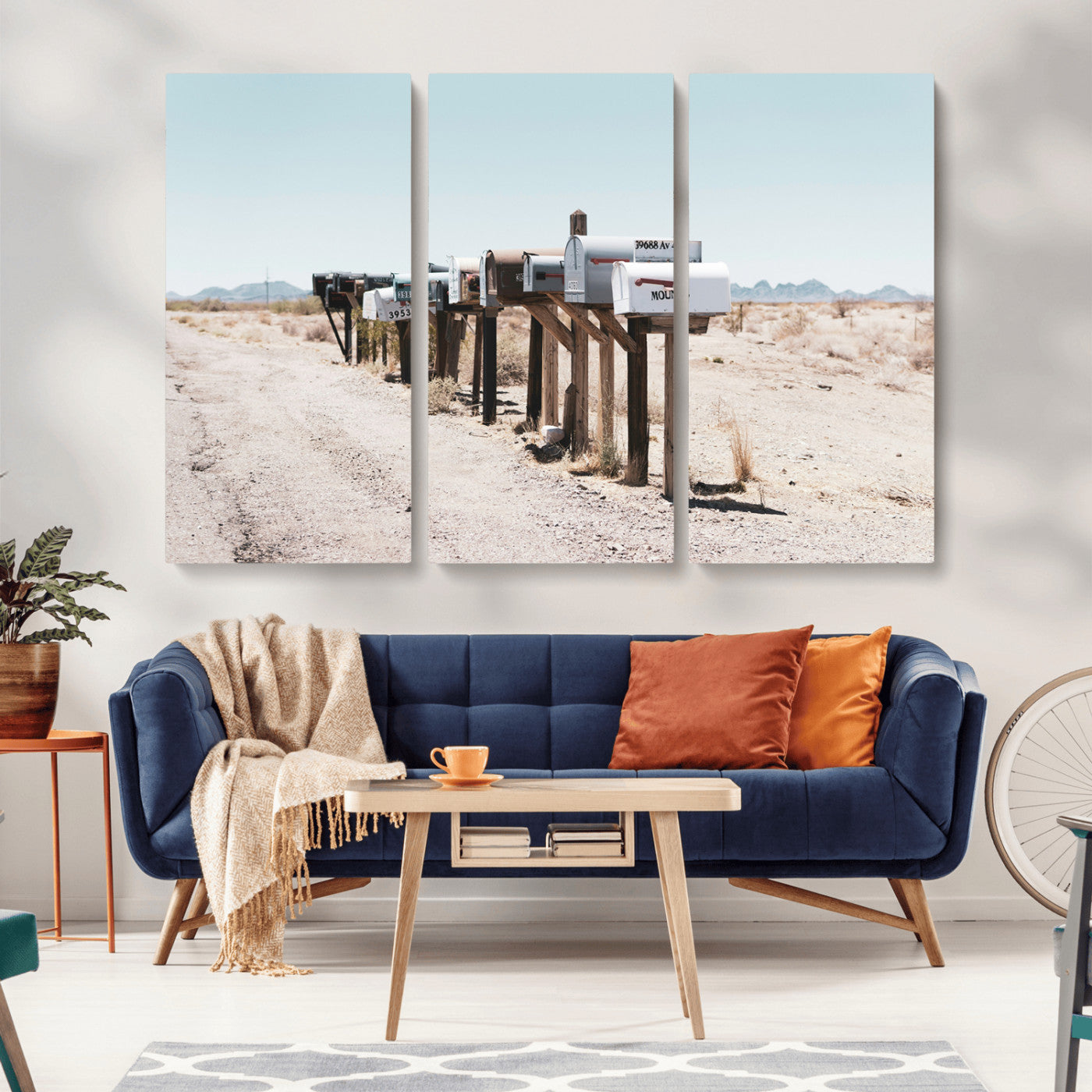 MGV-CV-48X32-3P - Desert Mailboxes Canvas Print – Minimal Western Landscape Photography, Rustic Americana Wall Art for