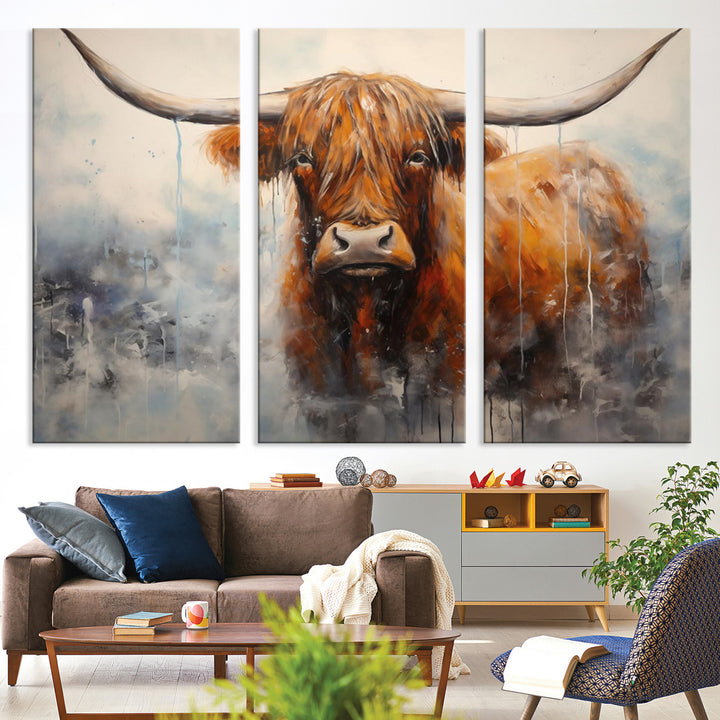 Scottish Highland Wall Art Canvas Print, Framed Longhorn Art Picture Print, Western Cow Perfect Farmhouse Decor Artwork