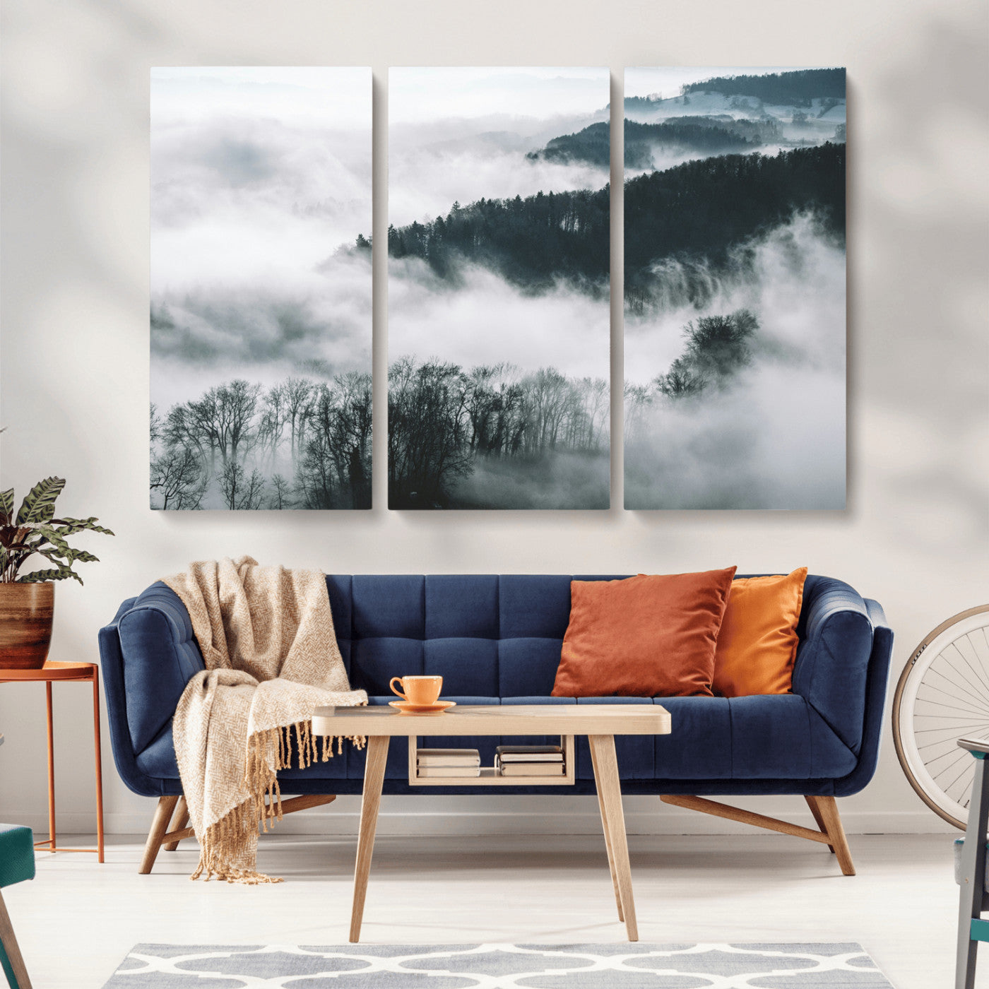 67569654-MGV-CV-36X24-Foggy Forest Landscape Wall Art Canvas Print – Misty Mountain Valley Scene in Monochrome Tones, Perfect for Minimalist or Nordic Home Decor