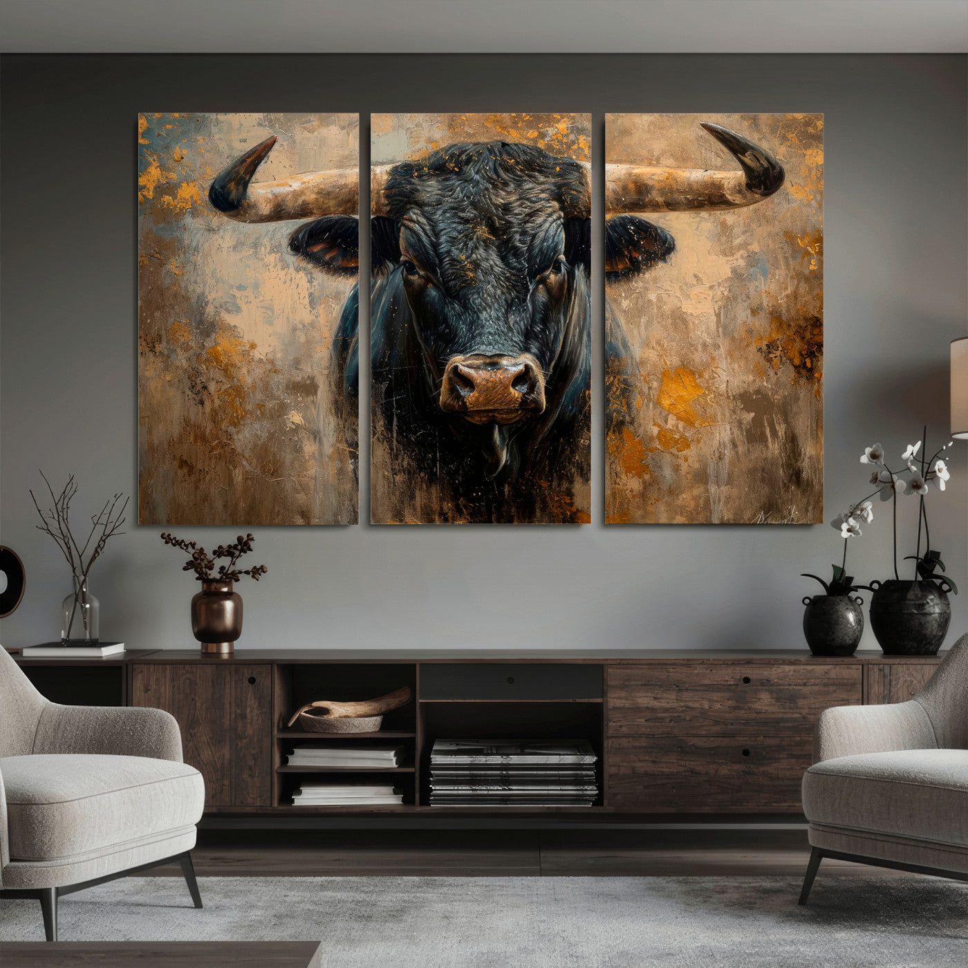 91615410-MGV-CV-36X24 - Abstract Texas Longhorn Bull Wall Art – Rustic Farmhouse Canvas Print, Western Cabin Style Decor, Large Animal Artwork for Living Room or Office