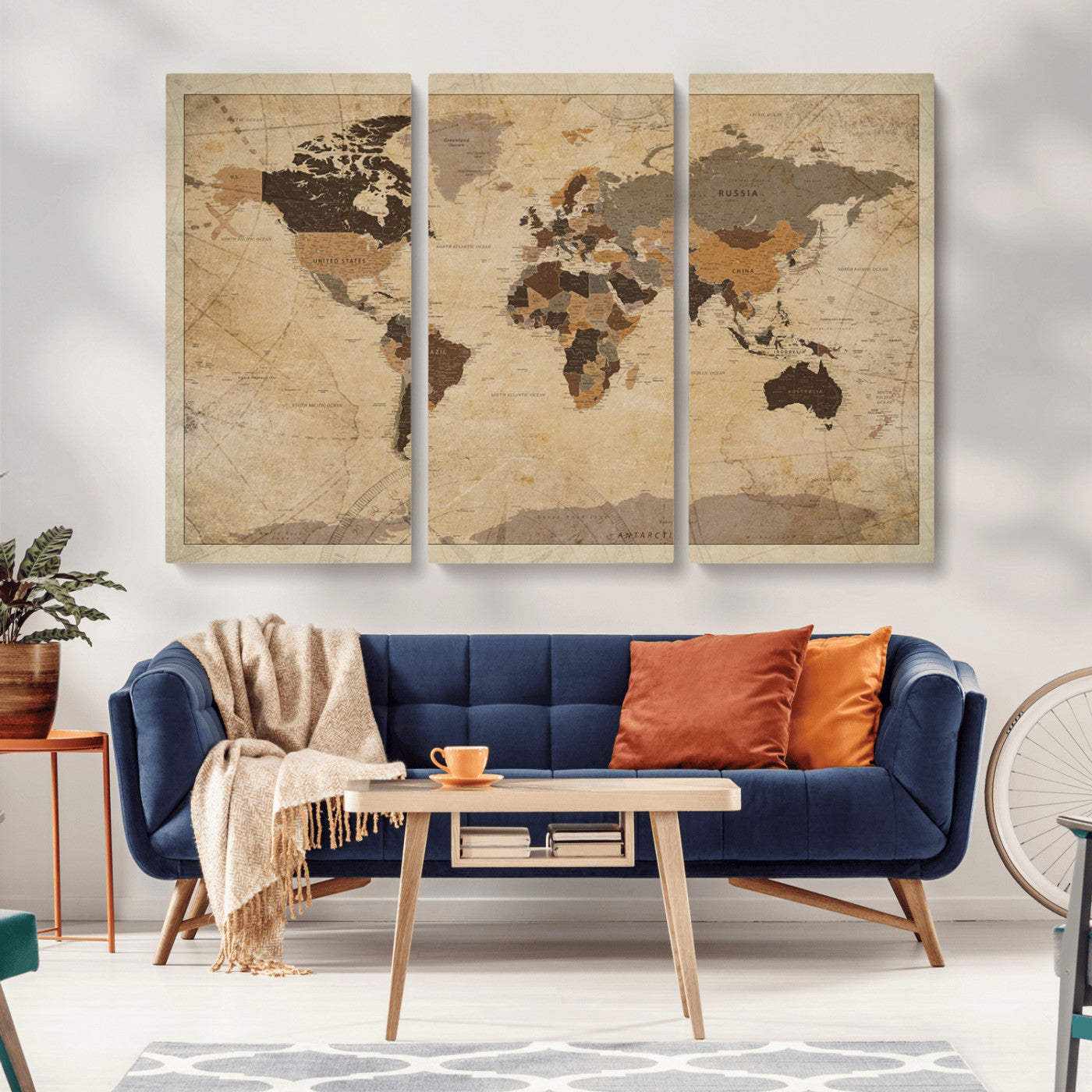 Vintage-style world map with muted brown, beige, and sepia tones, showing countries and continents with a weathered paper texture background.