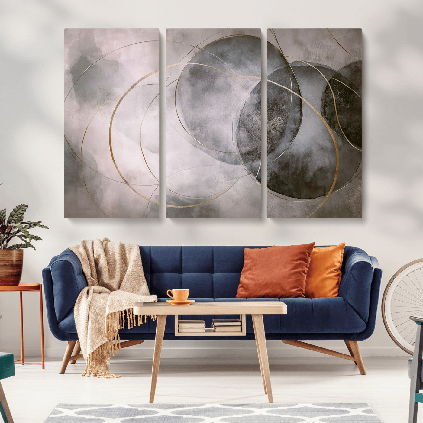 MGV-CV-48X32-3P - Wall Art Canvas Print Abstract Gray Black Gold Circles Soft Texture Modern Minimalist Artistic Home Decor Contemporary Elegant Stylish Unique