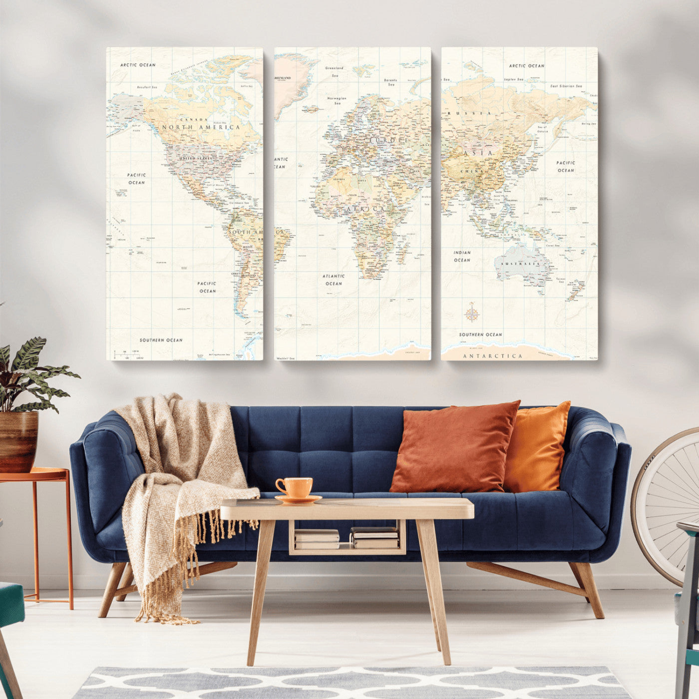 An antique-style world map showing continents, countries, and oceans with soft beige tones, detailed borders, and classic typography, enhanced by a subtle grid overlay and a vintage compass rose.