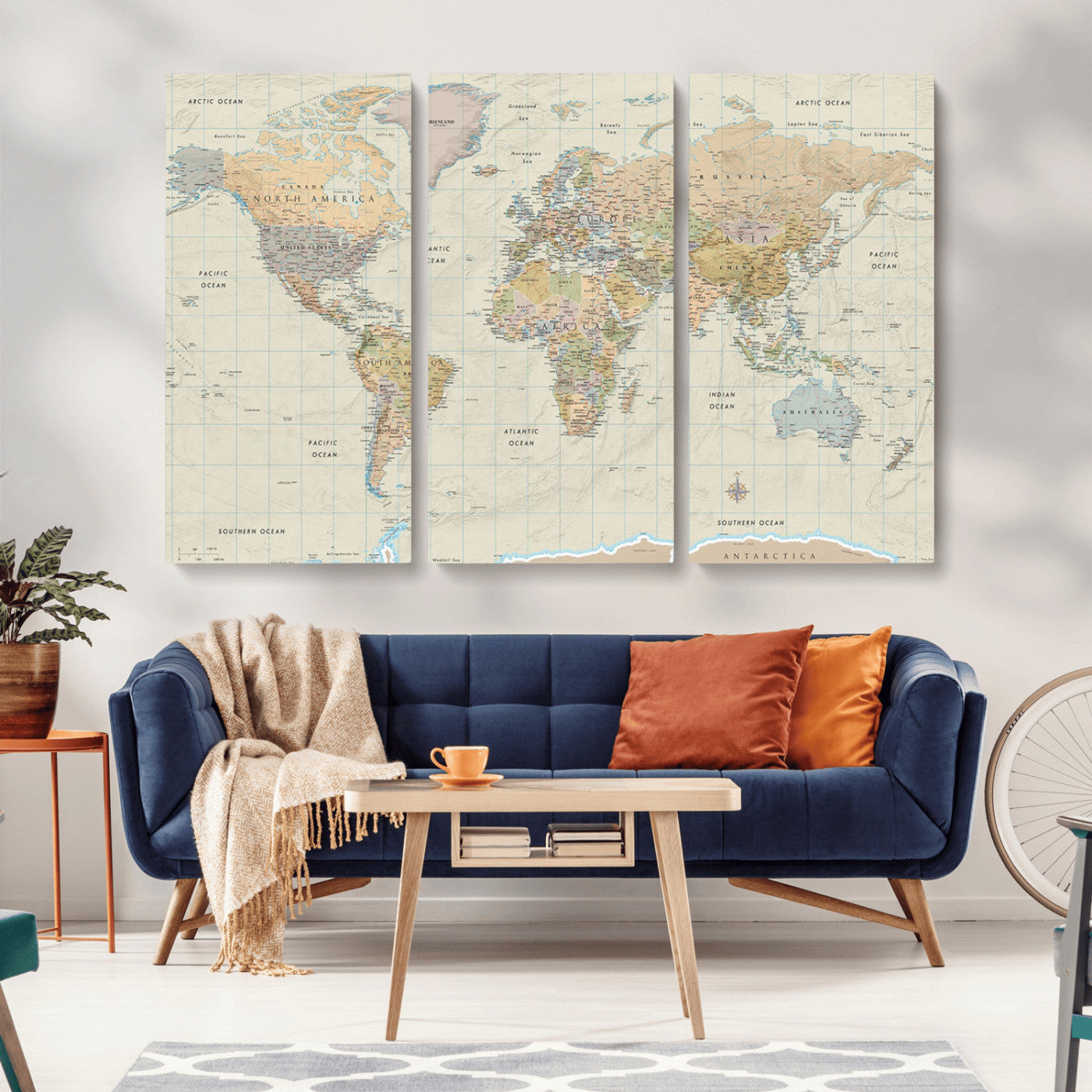A detailed vintage-style political world map displaying continents, countries, and oceans with clear borders and labels, set on a beige textured background with grid lines.
