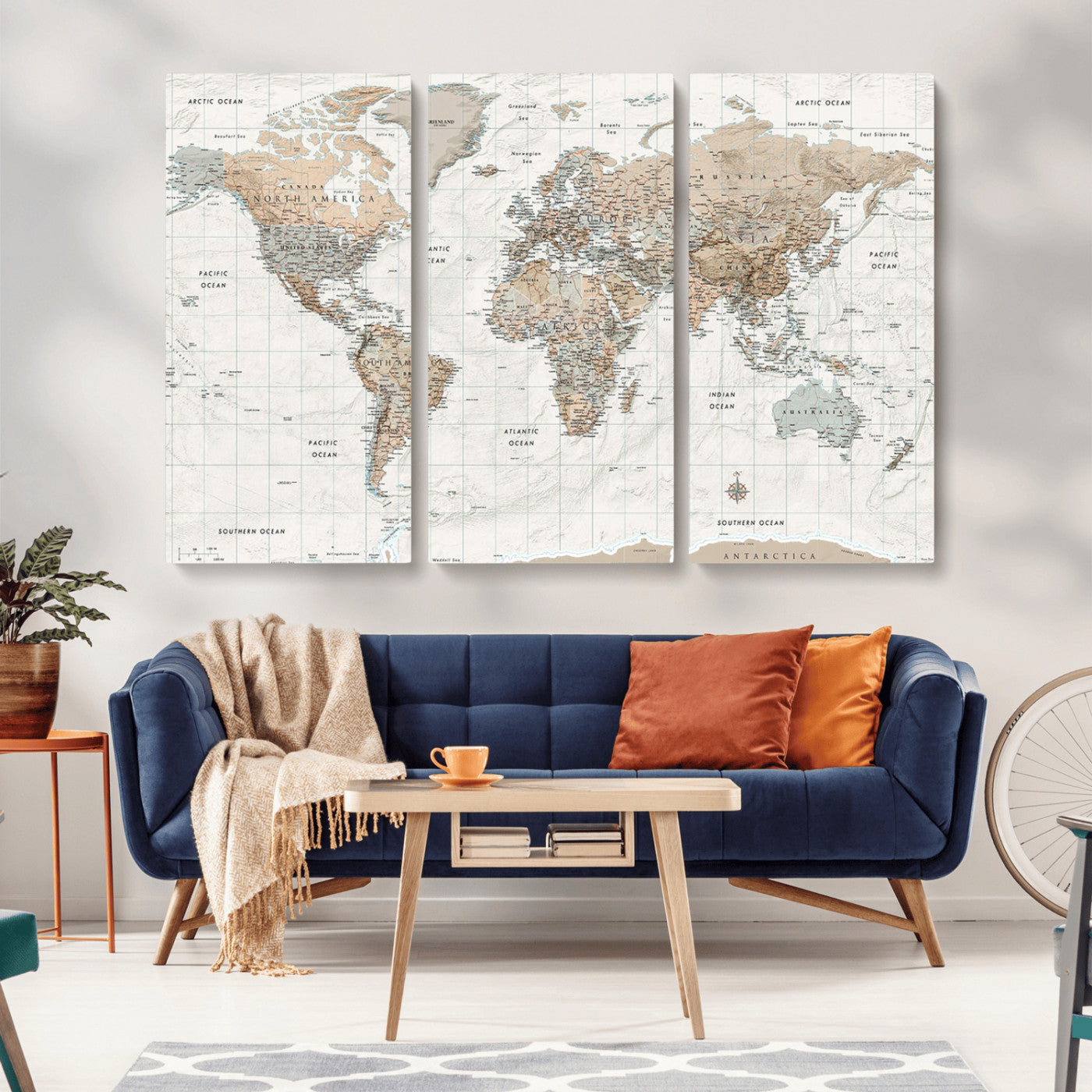 Vintage world map with detailed country borders and labels, featuring soft earthy tones of beige, brown, and gray on a textured parchment background, including oceans, continents, and major cities.