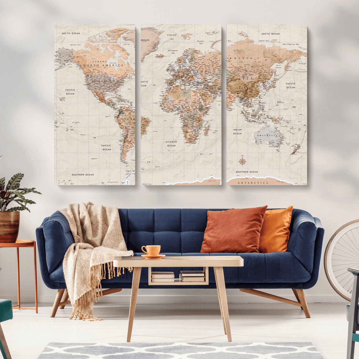 Detailed vintage world map with warm earth tones showing country borders, oceans, continents, and major cities, styled with a textured parchment background.
