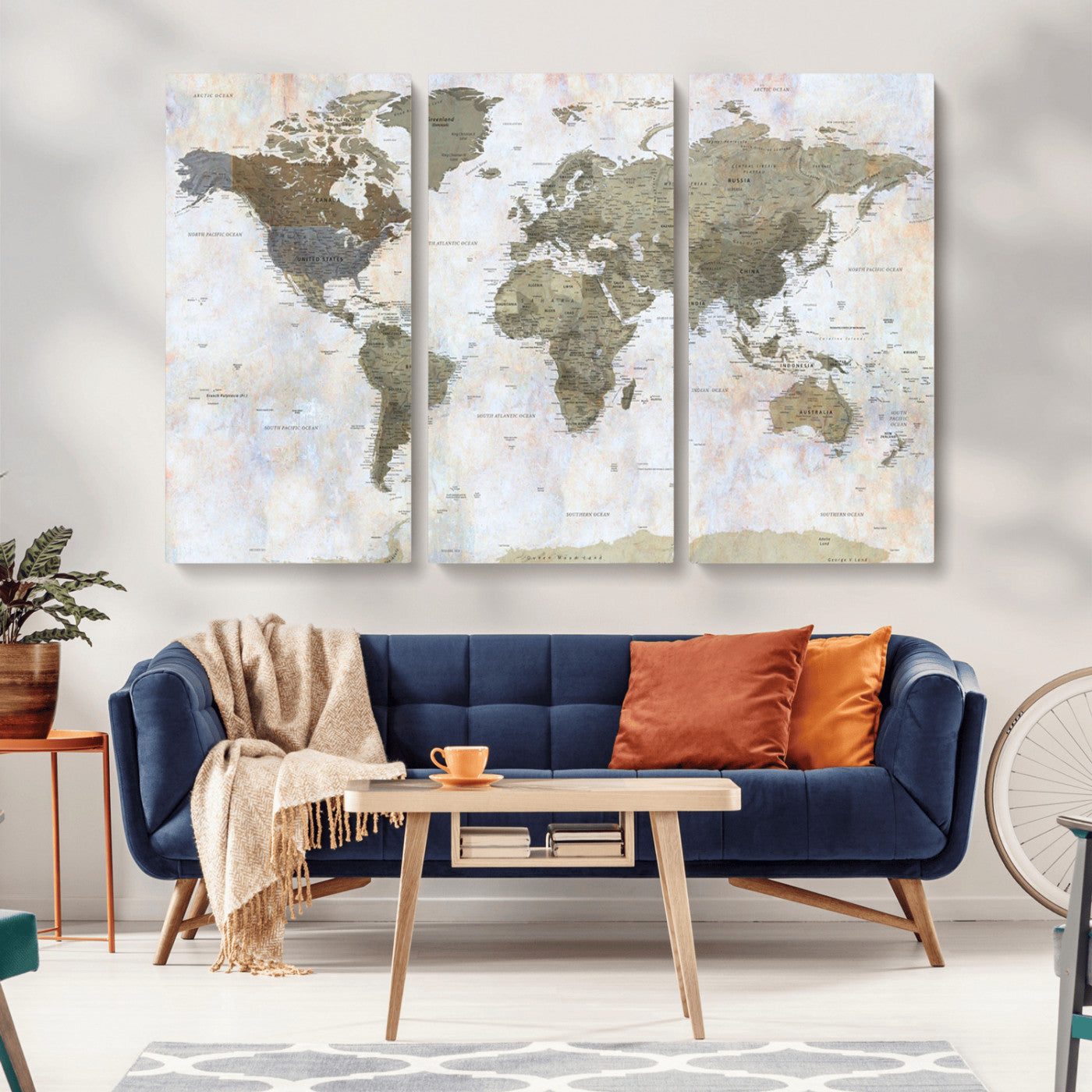 World map printed on a textured canvas with soft muted earth tones and a weathered background, showing detailed countries and continents, perfect for vintage-style wall art.