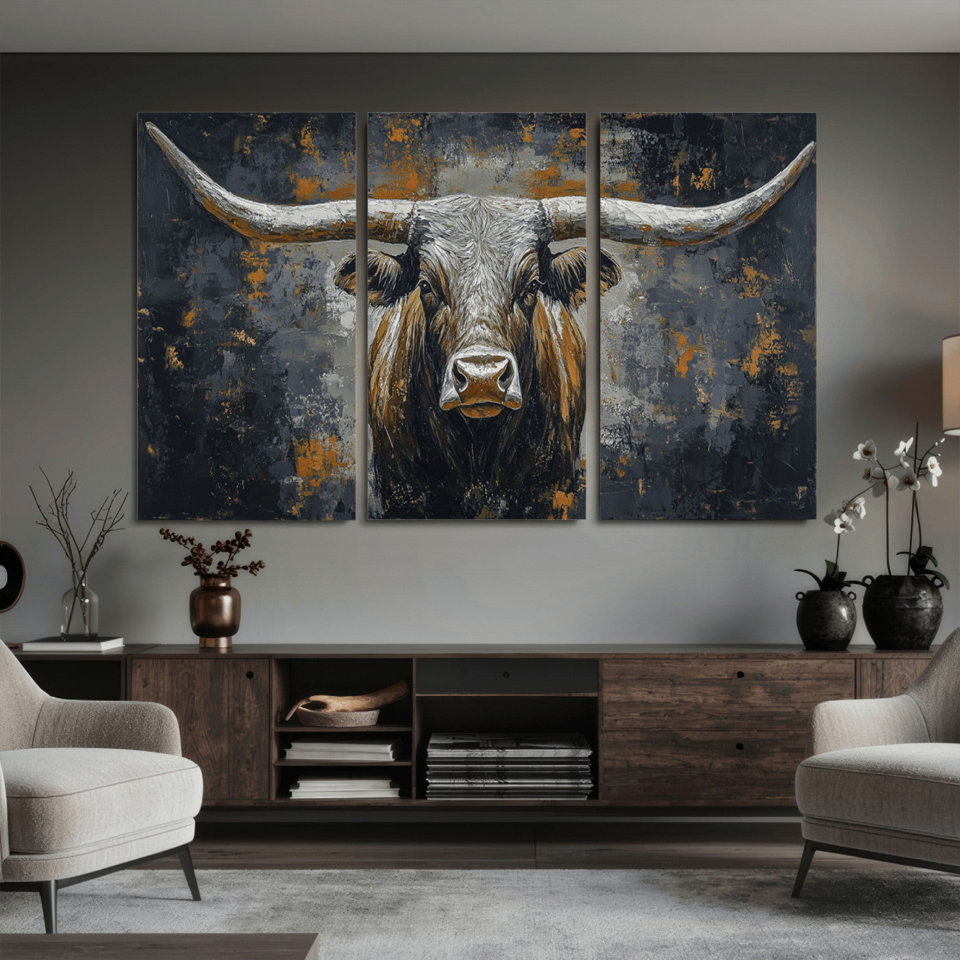 73972561-MGV-CV-36X24 - Bold Bull Wall Art Canvas – Striking Portrait with Wide Horns and Rich Brown Hues, Rustic Farmhouse and Western Decor for Home Room