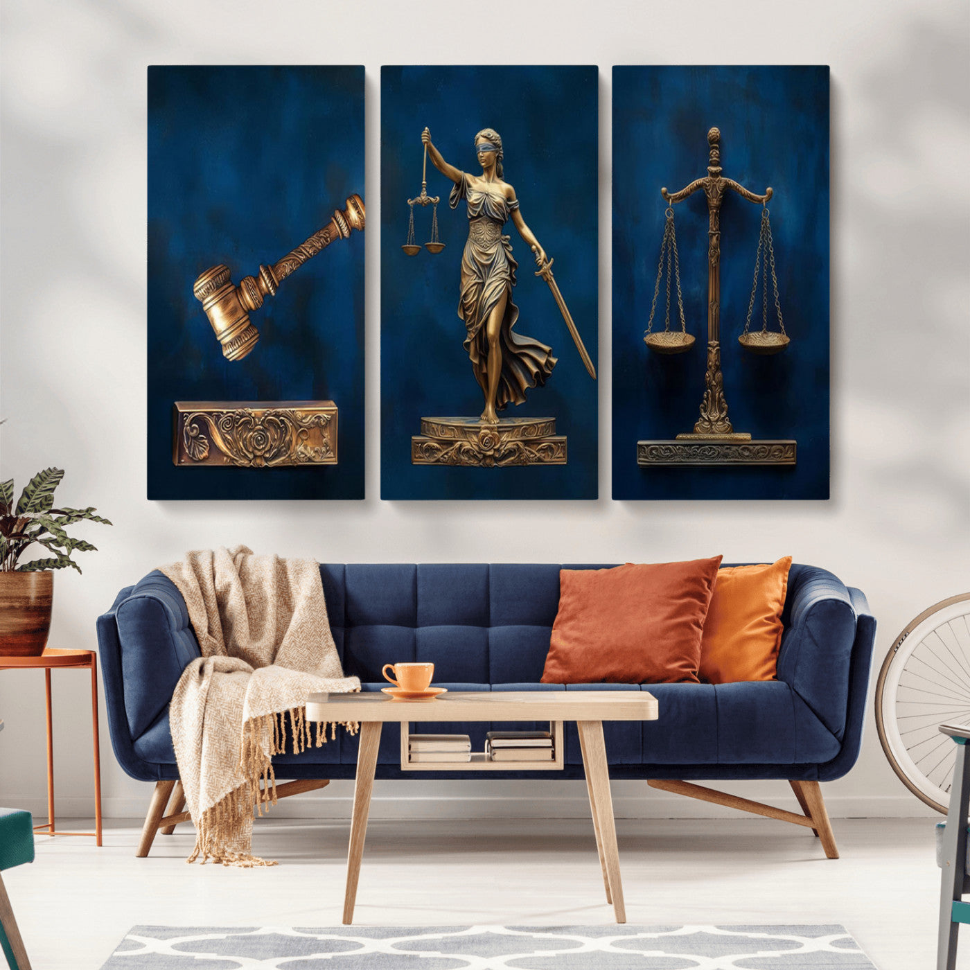 MGV-CV-48X32-3P - Lady Justice Wall Art Canvas Print – Elegant Gold Legal Symbols on Blue Background, Perfect for Law