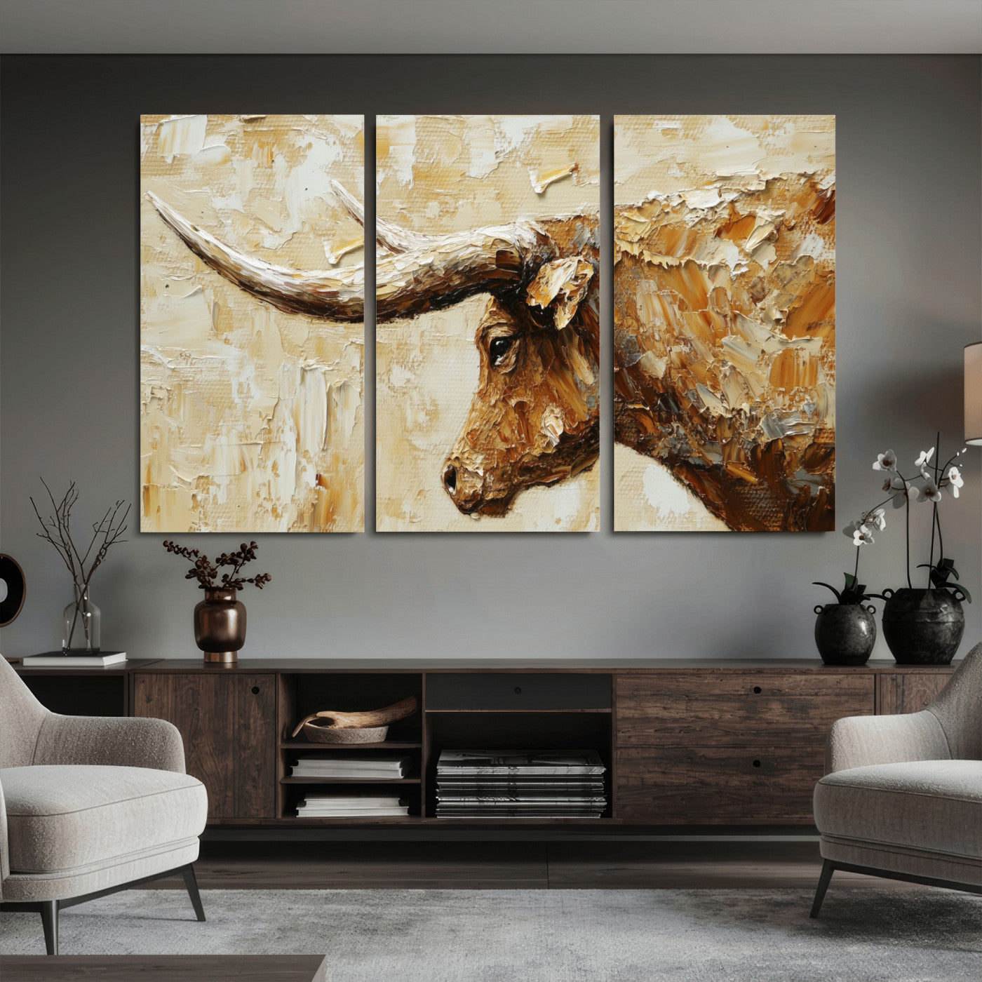 69611428-MGV-CV-36X24 - Rustic Longhorn Bull Wall Art Canvas Print – Vintage Western Cattle Painting, Texas Abstract Wall Cow Prints