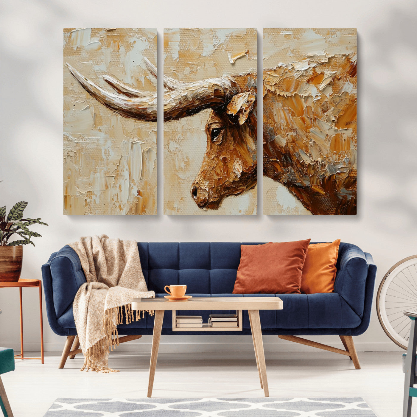Rustic Longhorn Bull Wall Art Canvas Print – Vintage Western Cattle Painting, Texas Steer Artwork for Ranch, Farmhouse or Cowboy Decor