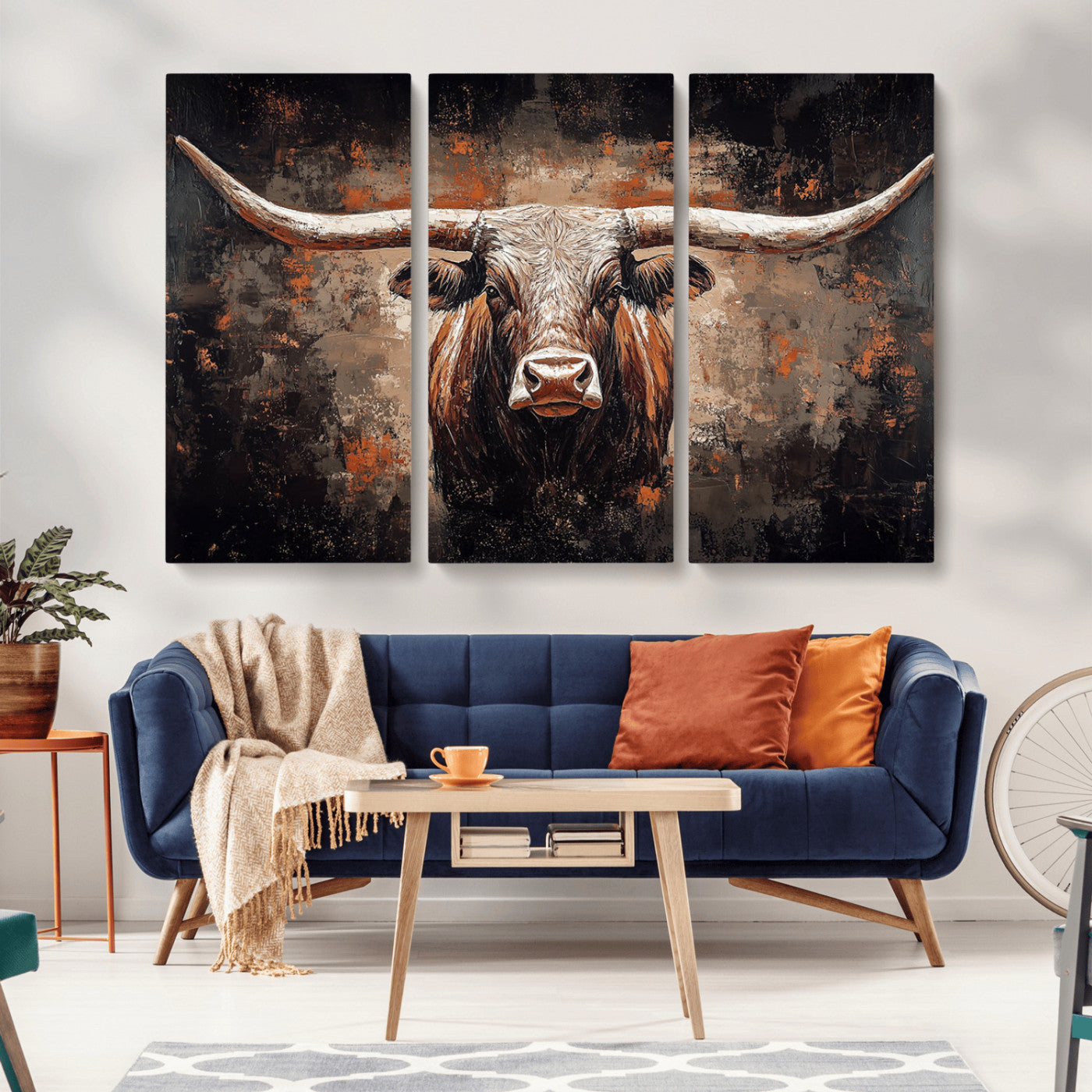 Rustic Longhorn Bull Wall Art Canvas Print – Vintage Western Cattle Painting, Texas Steer Artwork for Ranch, Farmhouse or Cowboy Decor