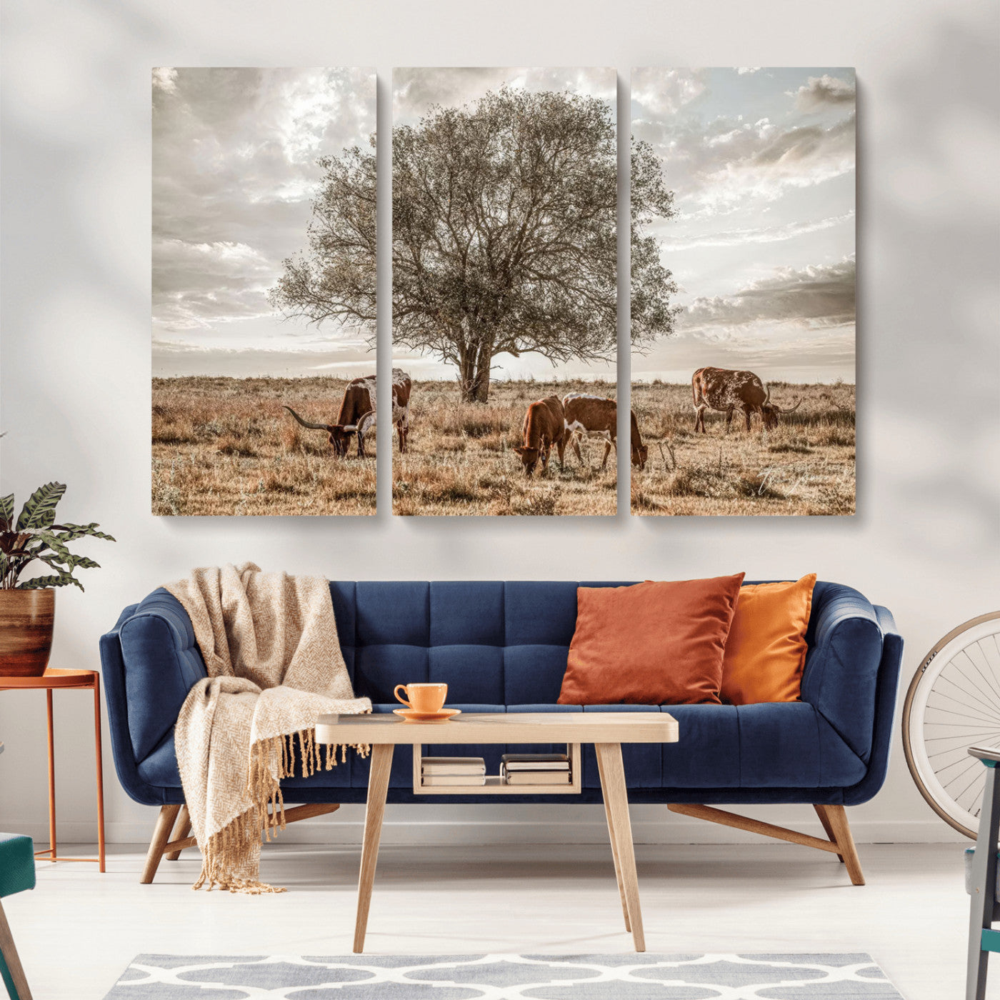 Texas Longhorn Cattle Wall Art Canvas Print – Rustic Western Ranch Scene with Steers at Sunset, Perfect for Farmhouse or Cowboy Decor