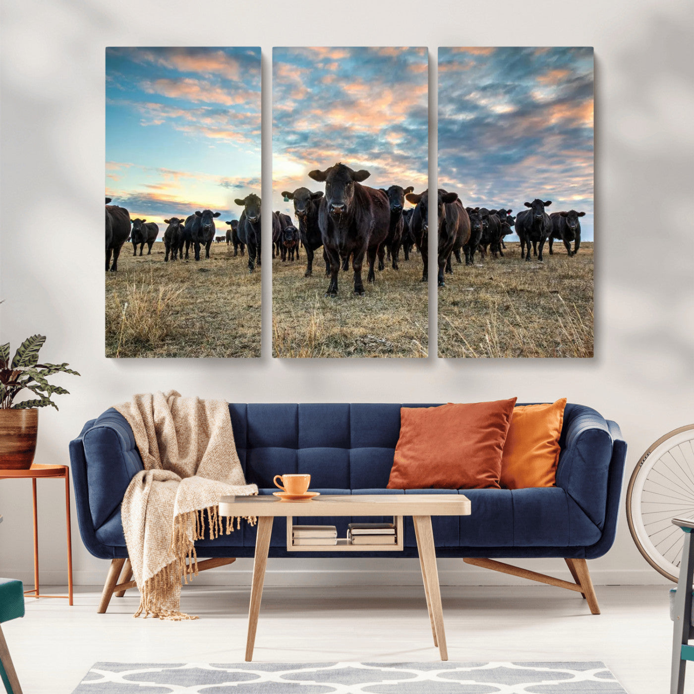13867292-MGV-CV-36X24-Texas Longhorn Cattle Wall Art Canvas Print – Rustic Western Ranch Scene with Steers at Sunset, Perfect for Farmhouse or Cowboy Decor