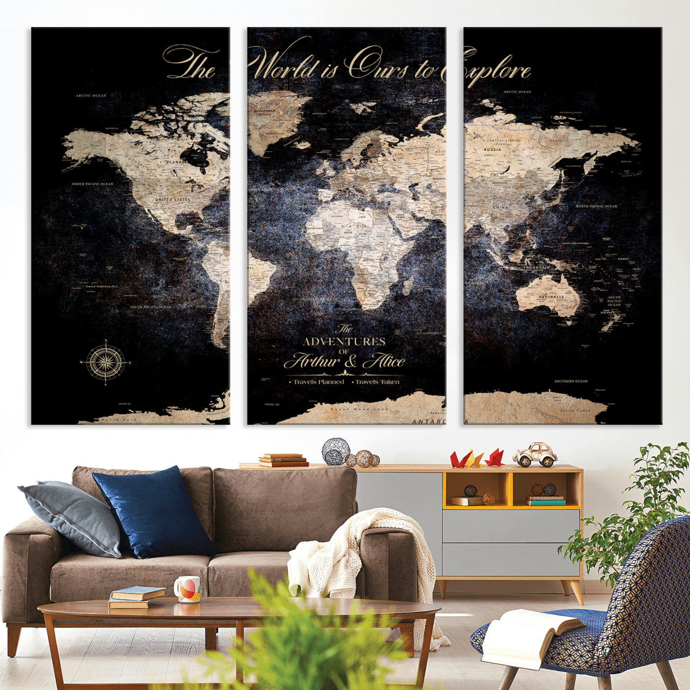 21010471-MGV-CV-36X24-Customize Push Pin World Map Wall Canvas Print, Personalized Travel Tracker with Pins, Framed Large Canvas for Home Office Decor - H37