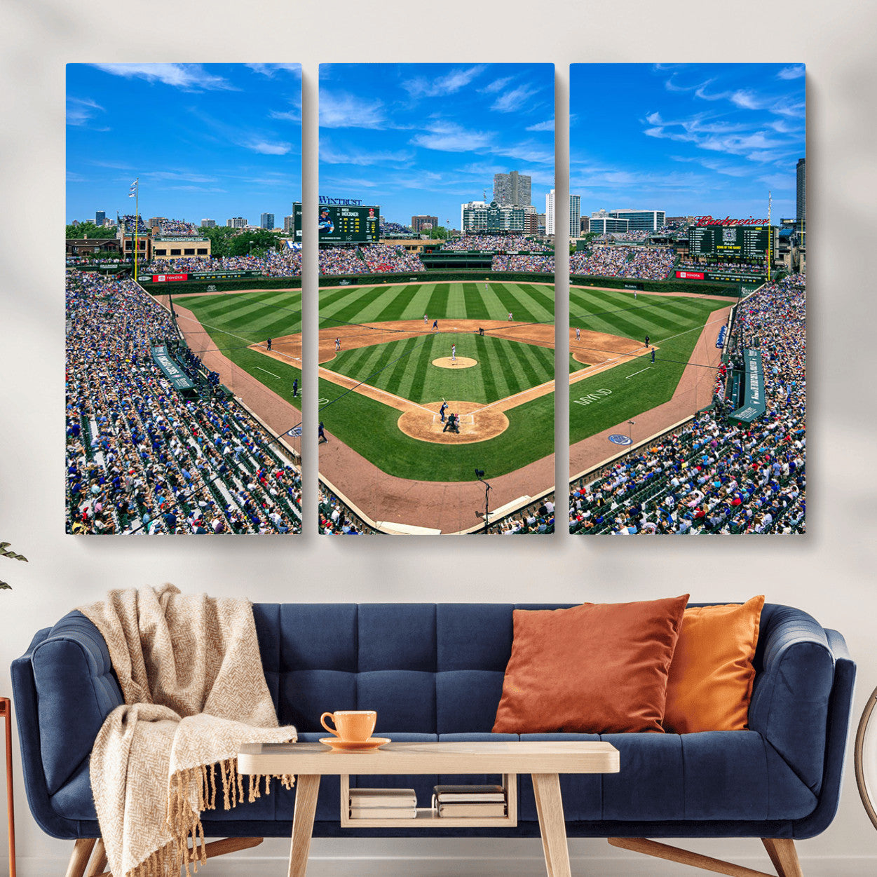 35800083-MGV-CV-48X32-3P - Wrigley Field Baseball Stadium Canvas Wall Art – Packed Crowd Sports Stadium City Skyline Artwork for Home Office