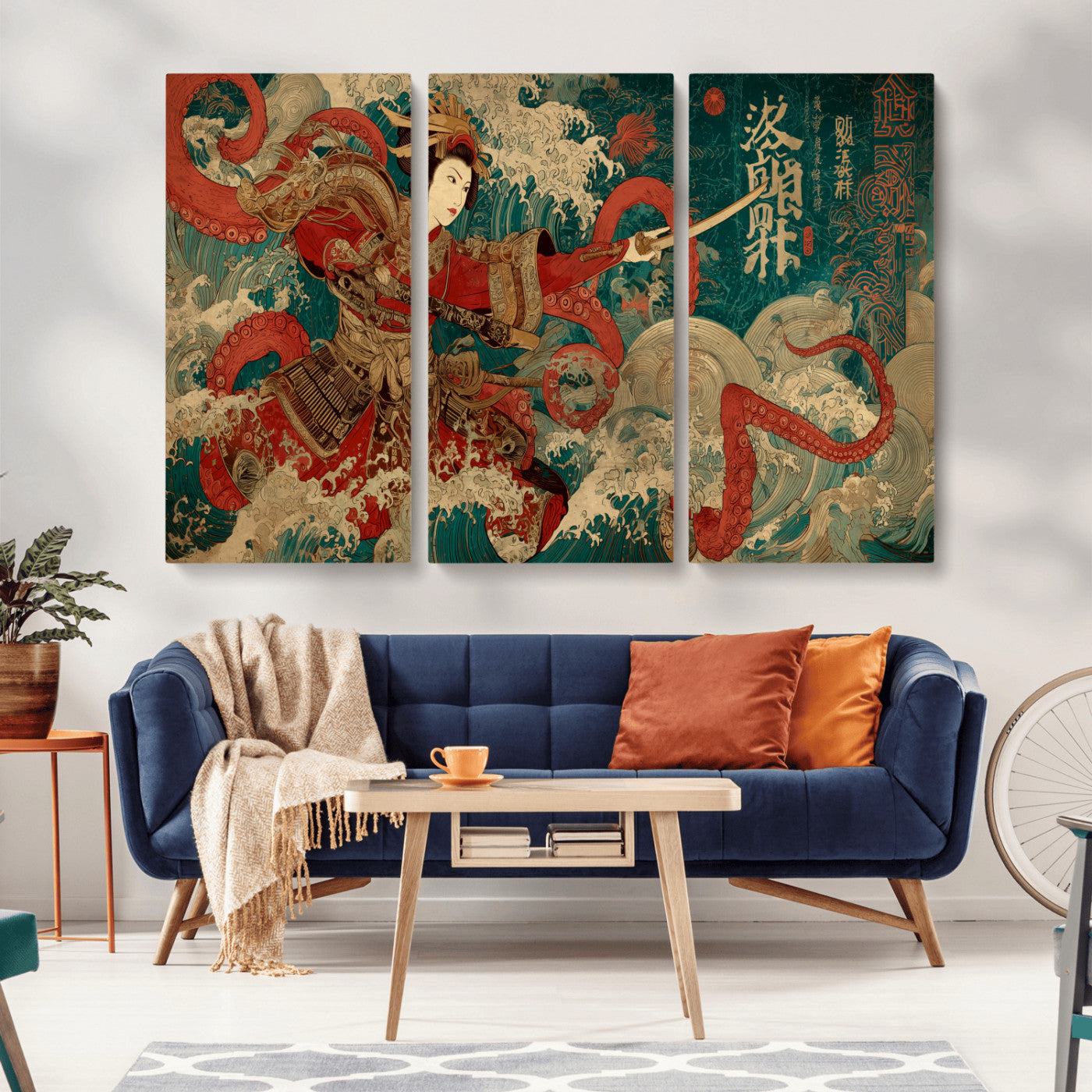 MGV-CV-48X32-3P - Tsukioka Yoshitoshi Samurai Wall Art Print, Japanese Katana Warrior Canvas Wall Art, Octopus Sea Monster Canvas Print,