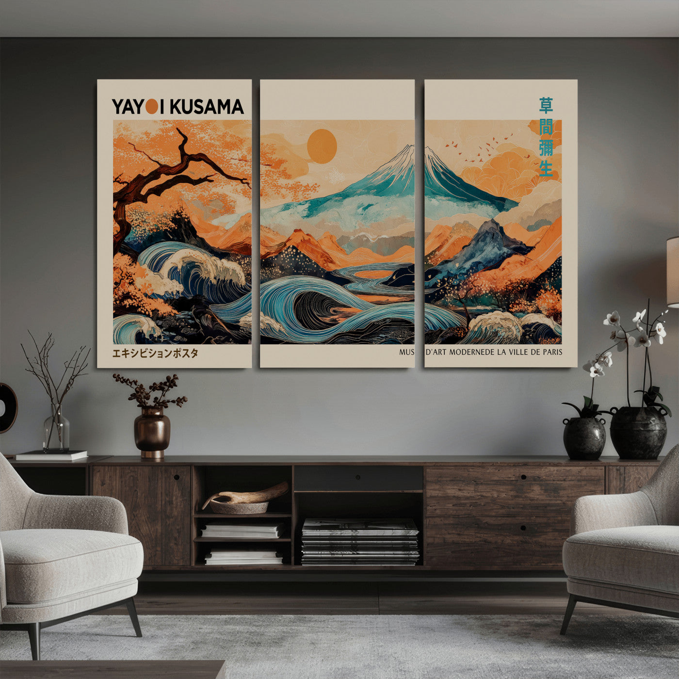 94085549-MGV-CV-36X24 - Yayoi Kusama Japanese Landscape Wall Art Canvas Print – Modern Abstract Mount Fuji Wall Art - Japanese Waves & Autumn Trees Print