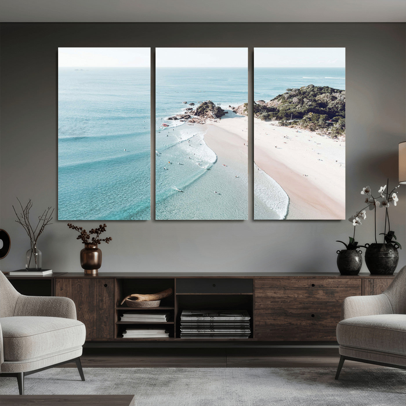 79395467-MGV-CV-36X24 - Aerial Beach Wall Art Canvas Print, Coastal Ocean Waves and Surfers Scenic Seaside Artwork for Home, Office Decor