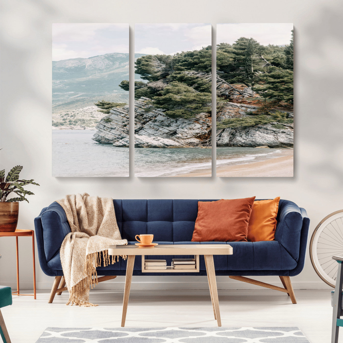 MGV-CV-48X32-3P - Coastal Rock Canvas Wall Art Print, Scenic Beach Landscape, Pine Trees on Rocky Cliff, Large Nature