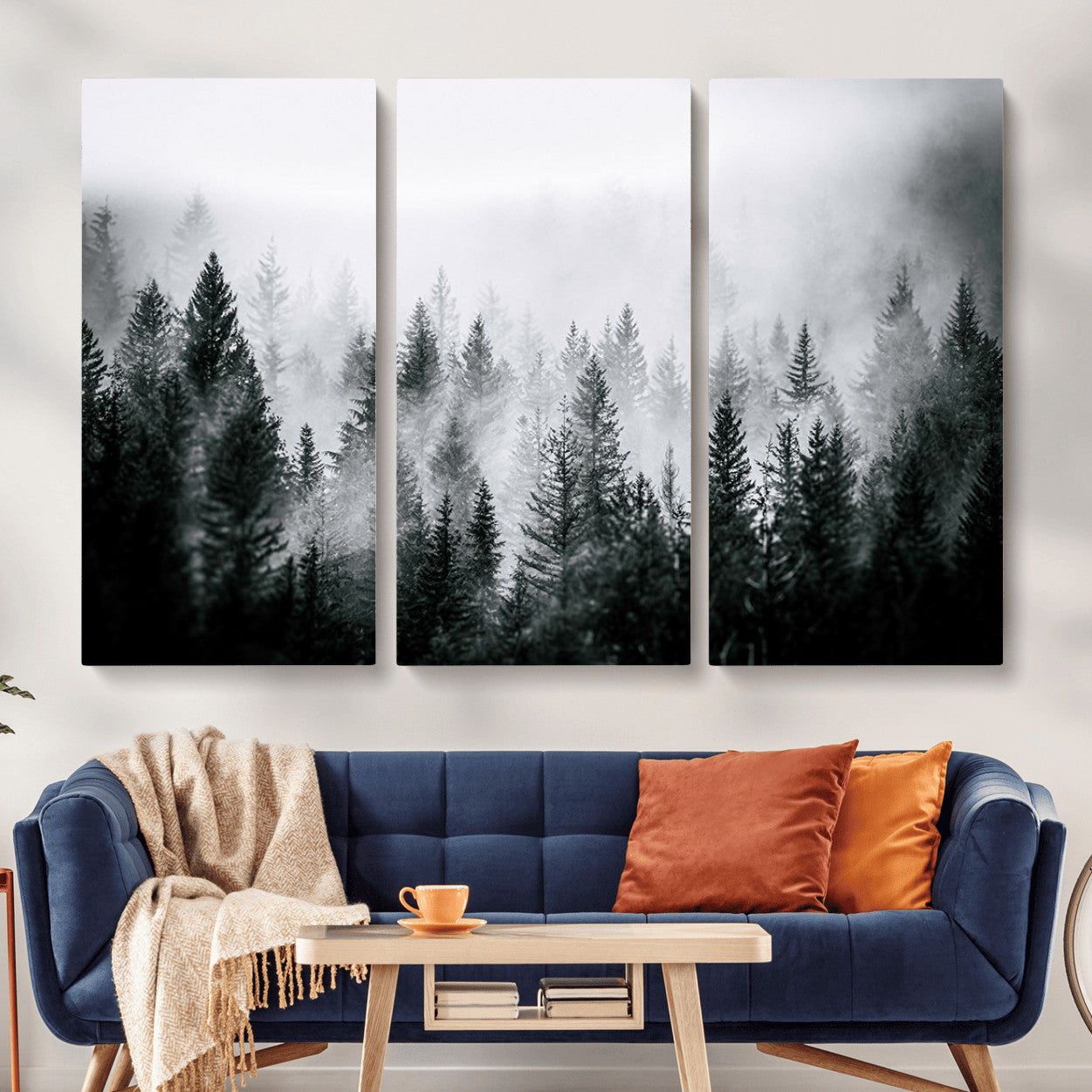 MGV-CV-48X32-3P - Foggy Pine Forest Canvas Wall Art, Horizontal Black and White Nature Landscape Print for Modern Home Decor