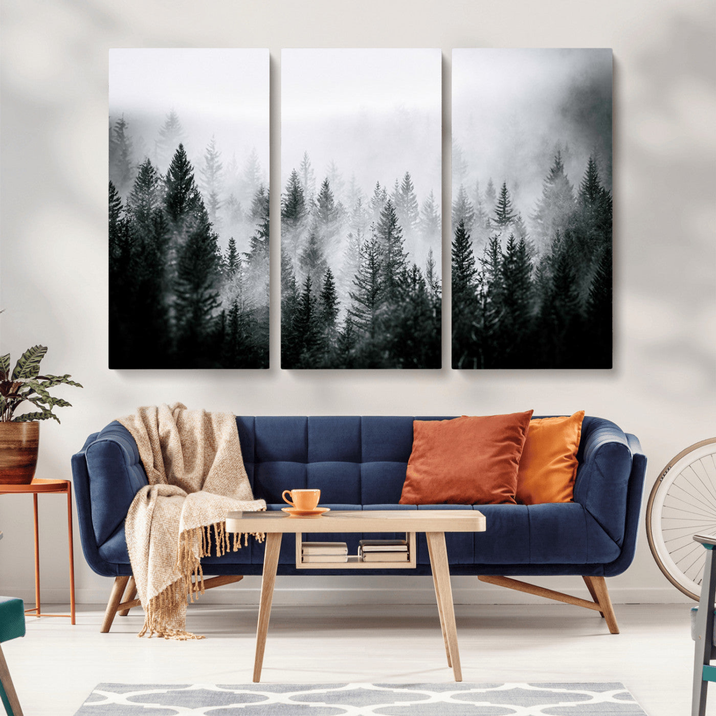 MGV-CV-48X32-3P - Foggy Pine Forest Canvas Wall Art – Black and White Nature Landscape Print, Horizontal Canvas for