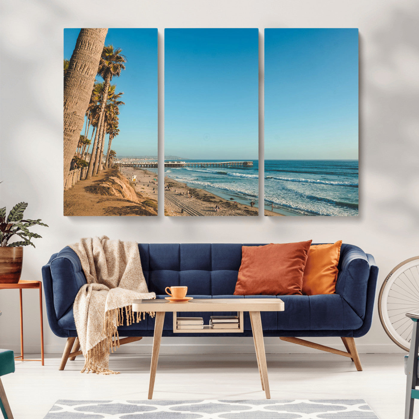 MGV-CV-48X32-3P - Scenic Beach with Tall Palm Trees, Sandy Shore, and Long Pier Stretching into the Calm Ocean Under