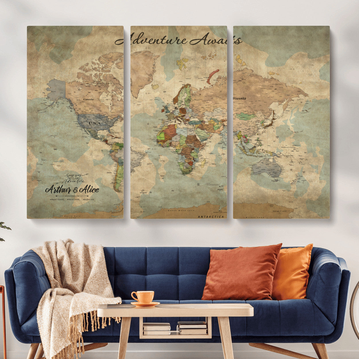 MGV-CV-48X32-3P - Personalized World Map Wall Art Canvas Print – Custom Push Pin Travel Map for Couples, Families, or Office Décor
