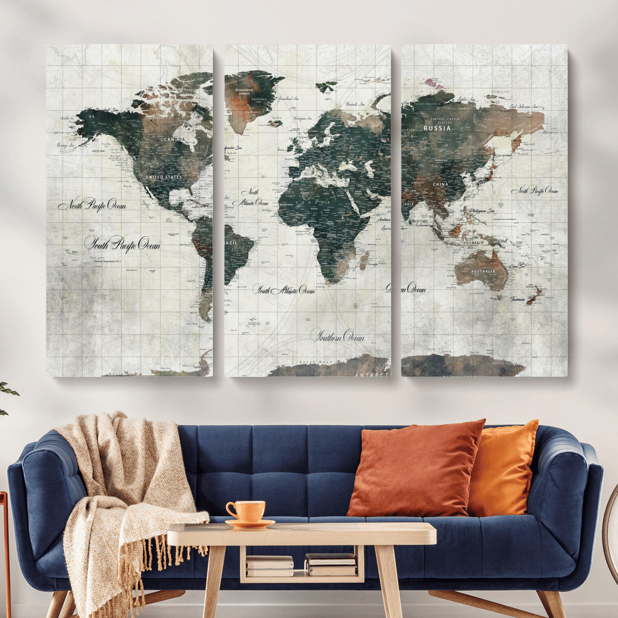 90149079-MGV-CV-48X32-3P - World Map Wall Art Canvas Print, Modern Decorative Framed Map Artwork Prints for Living Room, Office, Bedroom Wall Decor