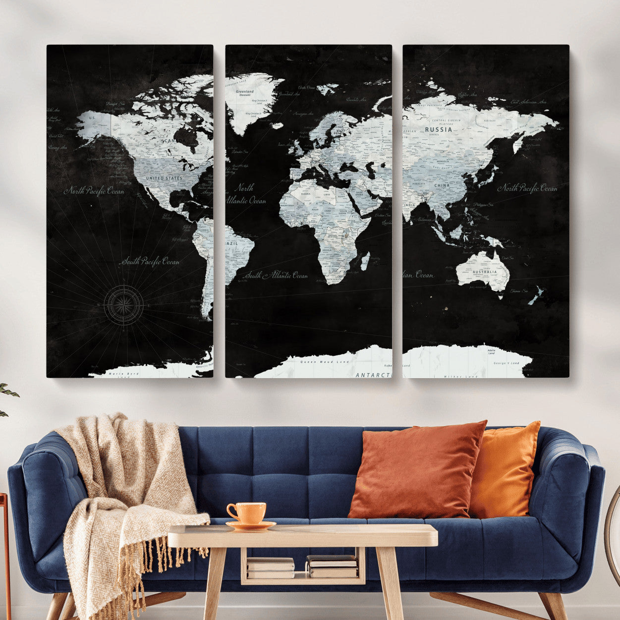 30759283-MGV-CV-48X32-3P - World Map Wall Art Canvas Print, Modern Decorative Framed Map Artwork Prints for Living Room, Office, Bedroom Wall Decor