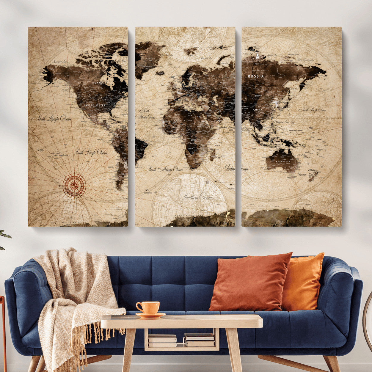 97114757-MGV-CV-48X32-3P - Vintage World Map Wall Art Canvas Print, Modern Decorative Framed Map Artwork Prints for Living Room, Office, Bedroom Wall Decor