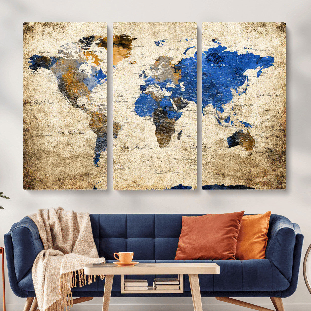 13564339-MGV-CV-48X32-3P - World Map Wall Art Canvas Print, Modern Decorative Framed Map Artwork Prints for Living Room, Office, Bedroom Wall Decor