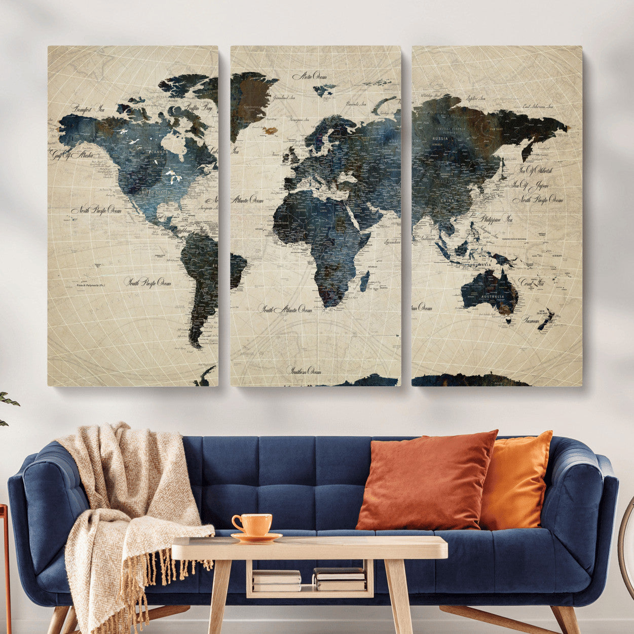 33438443-MGV-CV-48X32-3P - World Map Wall Art Canvas Print, Modern Decorative Framed Map Artwork Prints for Living Room, Office, Bedroom Wall Decor