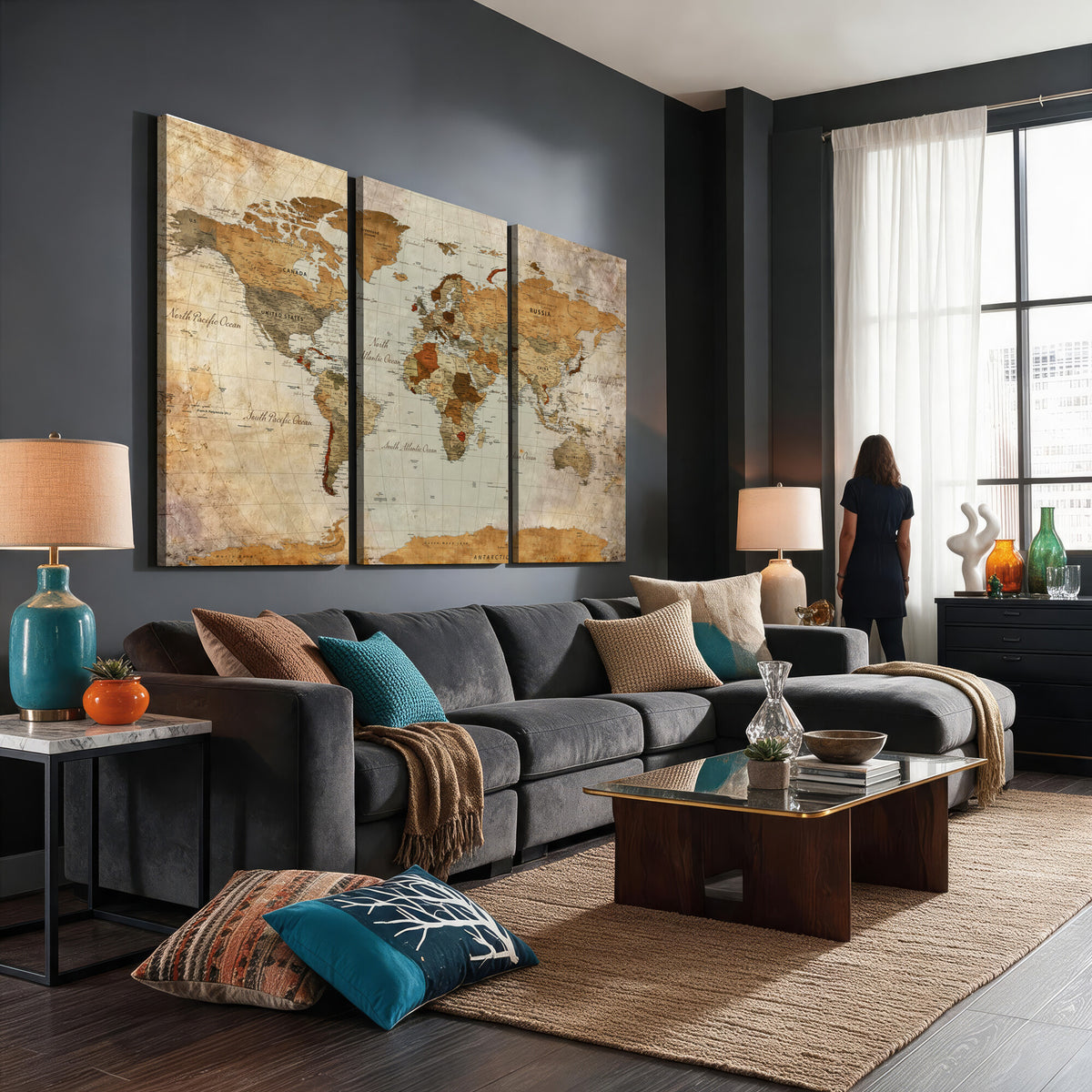 74176056-MGV-CV-36X24 - World Map Wall Art Canvas Print, Modern Decorative Framed Map Artwork Prints for Living Room, Office, Bedroom Wall Decor