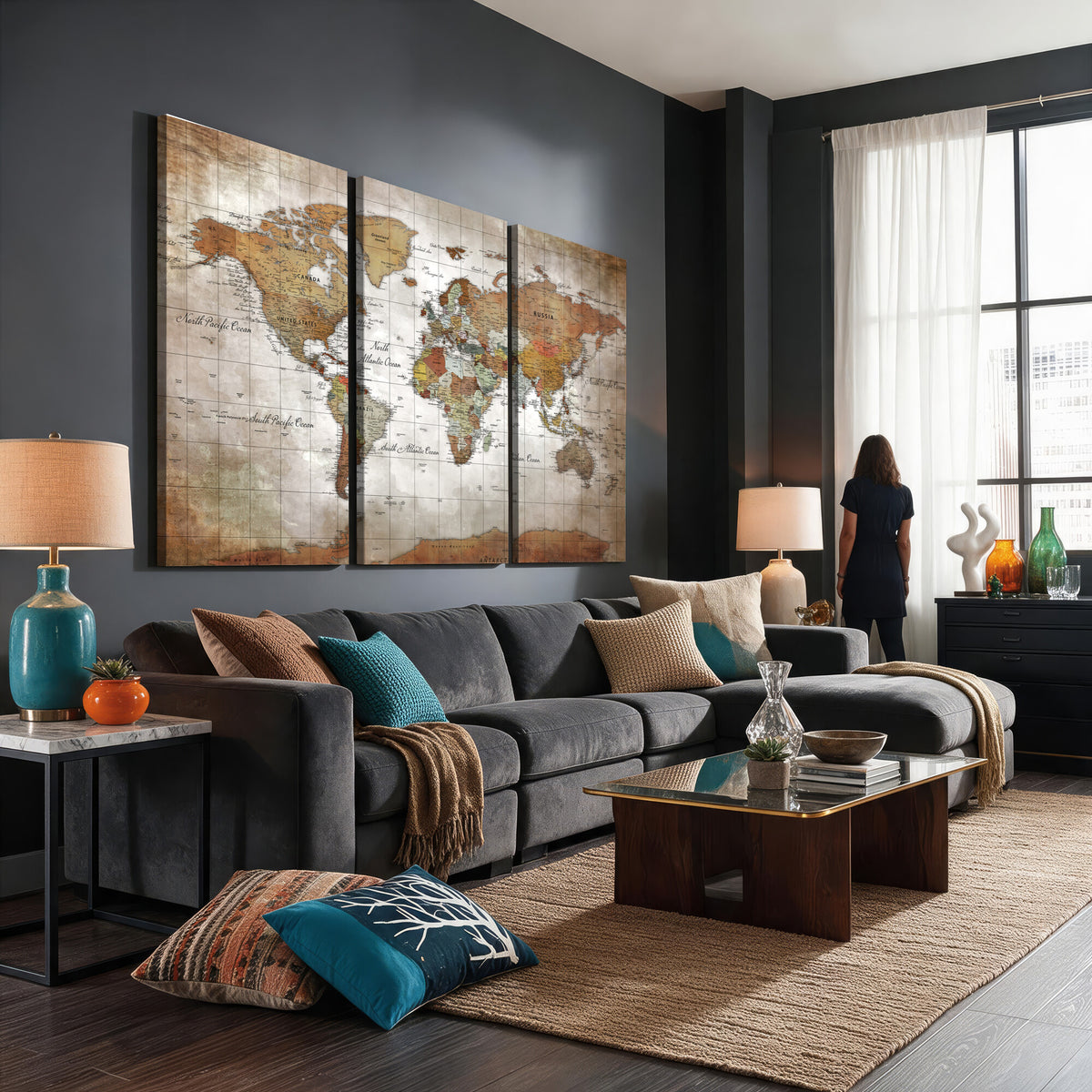 51643807-MGV-CV-36X24 - World Map Wall Art Canvas Print, Modern Decorative Framed Map Artwork Prints for Living Room, Office, Bedroom Wall Decor