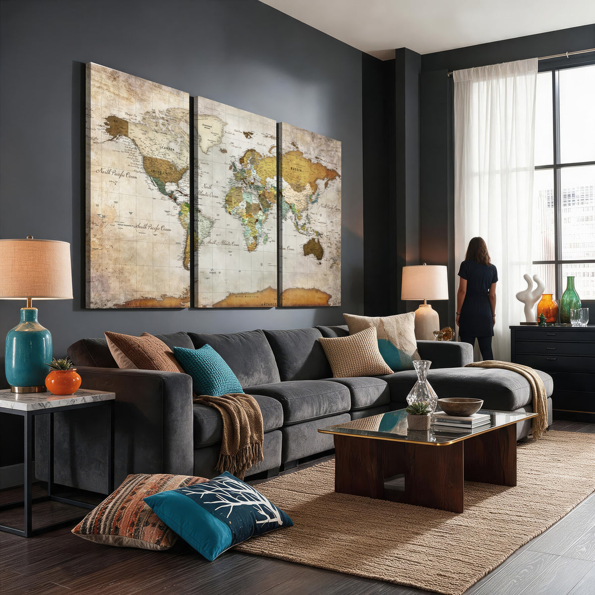 86108417-MGV-CV-36X24 - World Map Wall Art Canvas Print, Modern Decorative Framed Map Artwork Prints for Living Room, Office, Bedroom Wall Decor