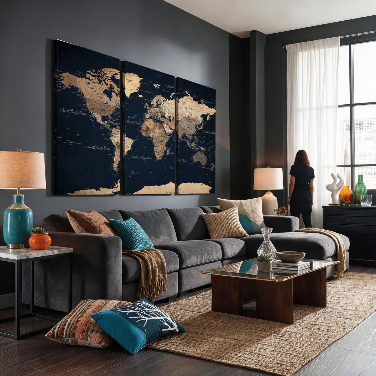 53971530-MGV-CV-36X24 - World Map Wall Art Canvas Print, Modern Decorative Framed Map Artwork Prints for Living Room, Office, Bedroom Wall Decor