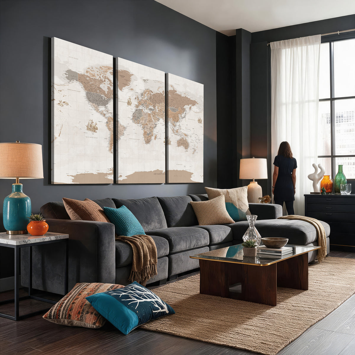 85057279-MGV-CV-36X24 - Framed Large World Map Canvas Print for Office Decor