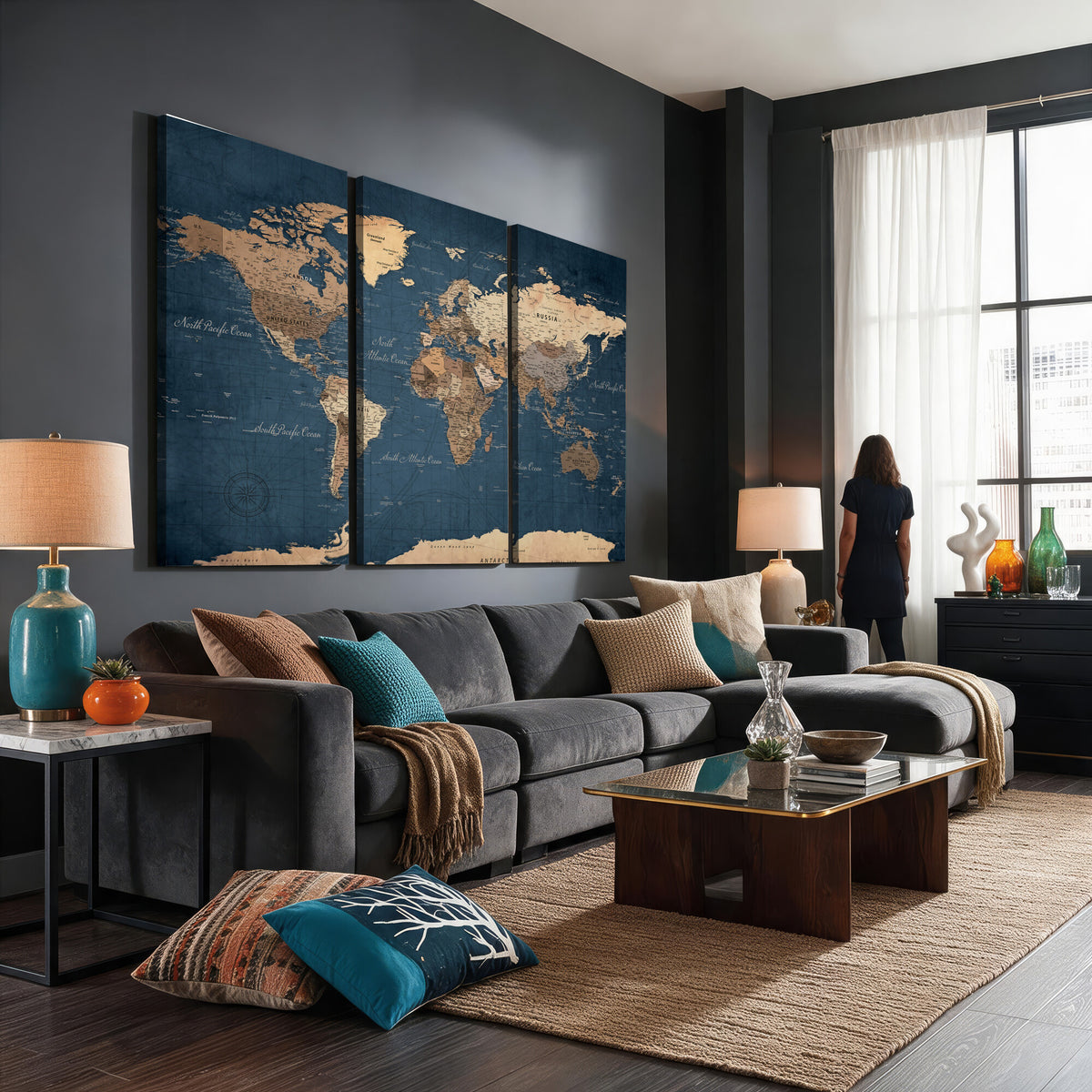 69886352-MGV-CV-36X24 - World Map Wall Art Canvas Print, Modern Decorative Framed Map Artwork Prints for Living Room, Office, Bedroom Wall Decor