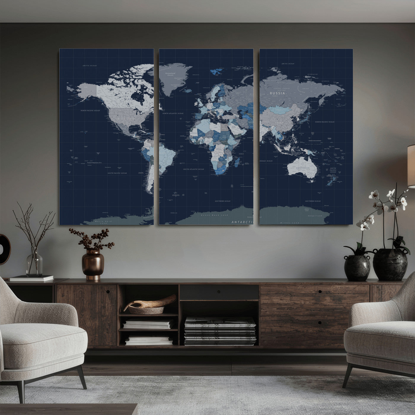 17712680-MGV-CV-36X24 - World Map Wall Art Canvas Print, Modern Decorative Framed Map Artwork Prints for Living Room, Office, Bedroom Wall Decor