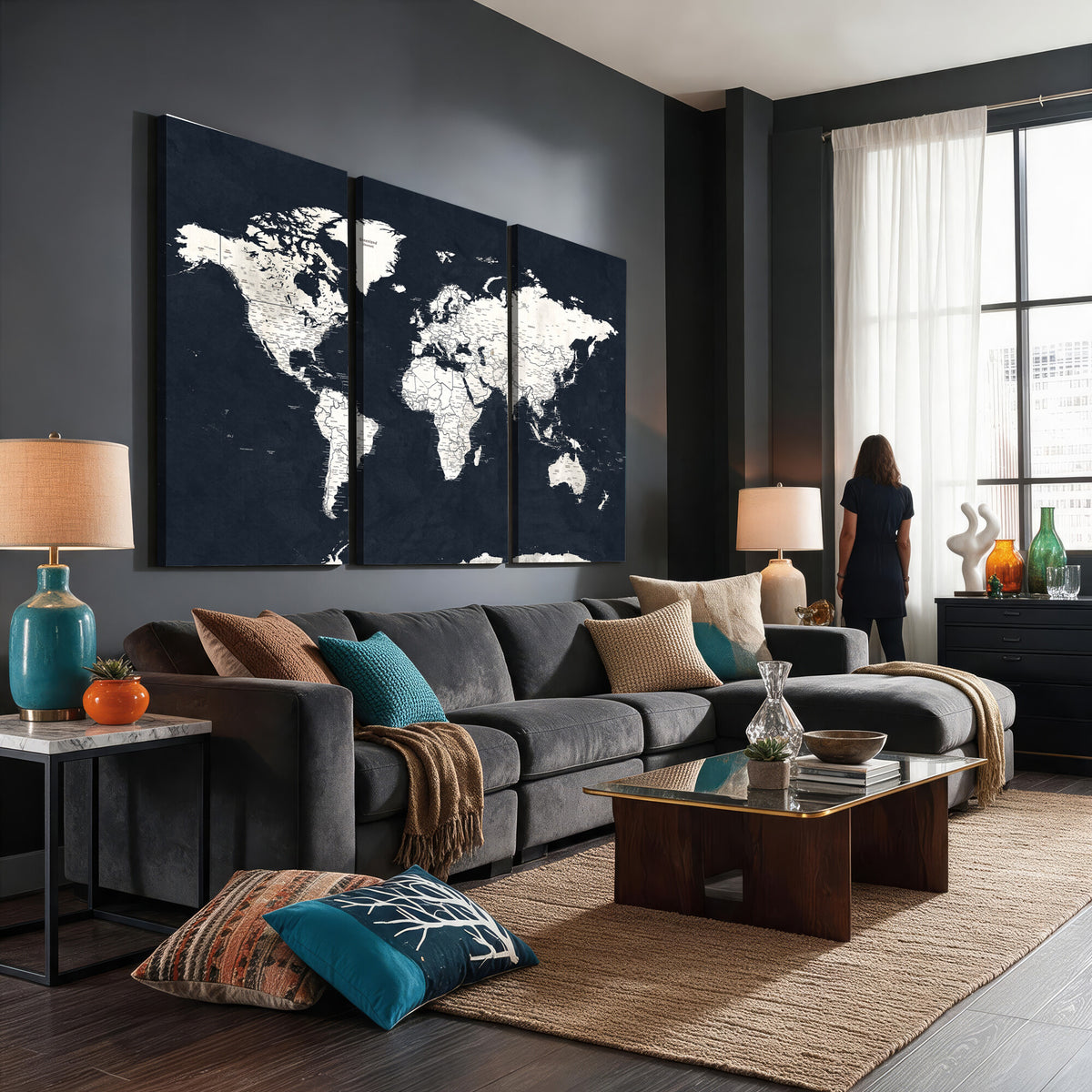 11963807-MGV-CV-36X24 - Black World Map Wall Art Canvas Print for Home Office and Meeting Room Decor