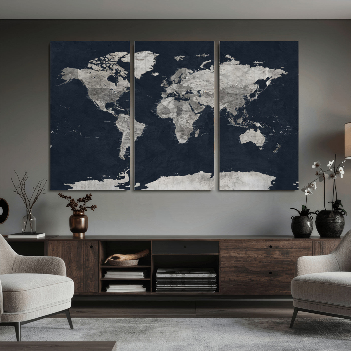 53886659-MGV-CV-36X24 - World Map Wall Art Canvas Print, Modern Decorative Framed Map Artwork Prints for Living Room, Office, Bedroom Wall Decor