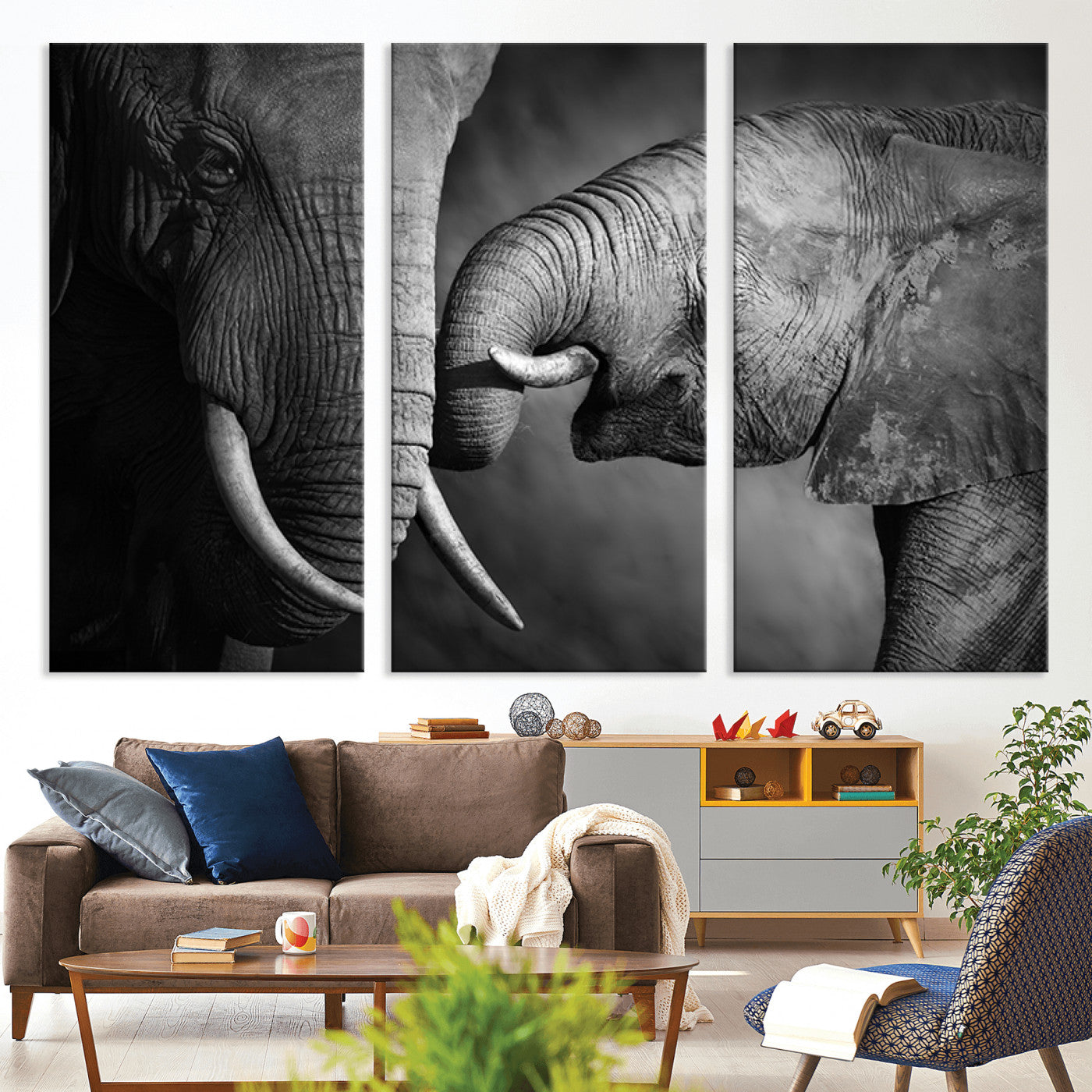 42691-MGV-CV-36X24-Elephant Family Wall Art Canvas, Framed Elephant Family Canvas Print
