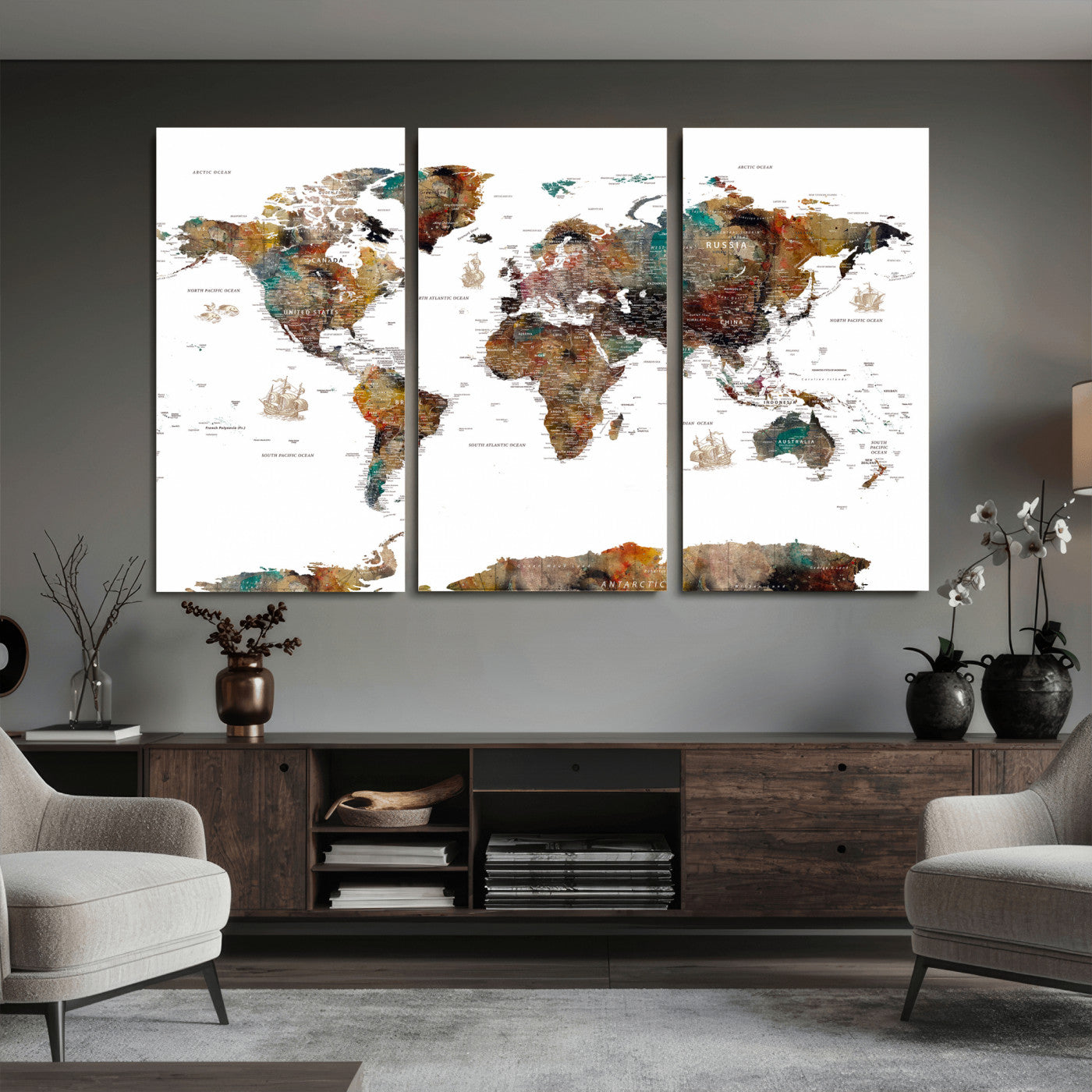 82293175-MGV-CV-36X24 - World Map Wall Art Canvas Print, Modern Decorative Framed Map Artwork Prints for Living Room, Office, Bedroom Wall Decor