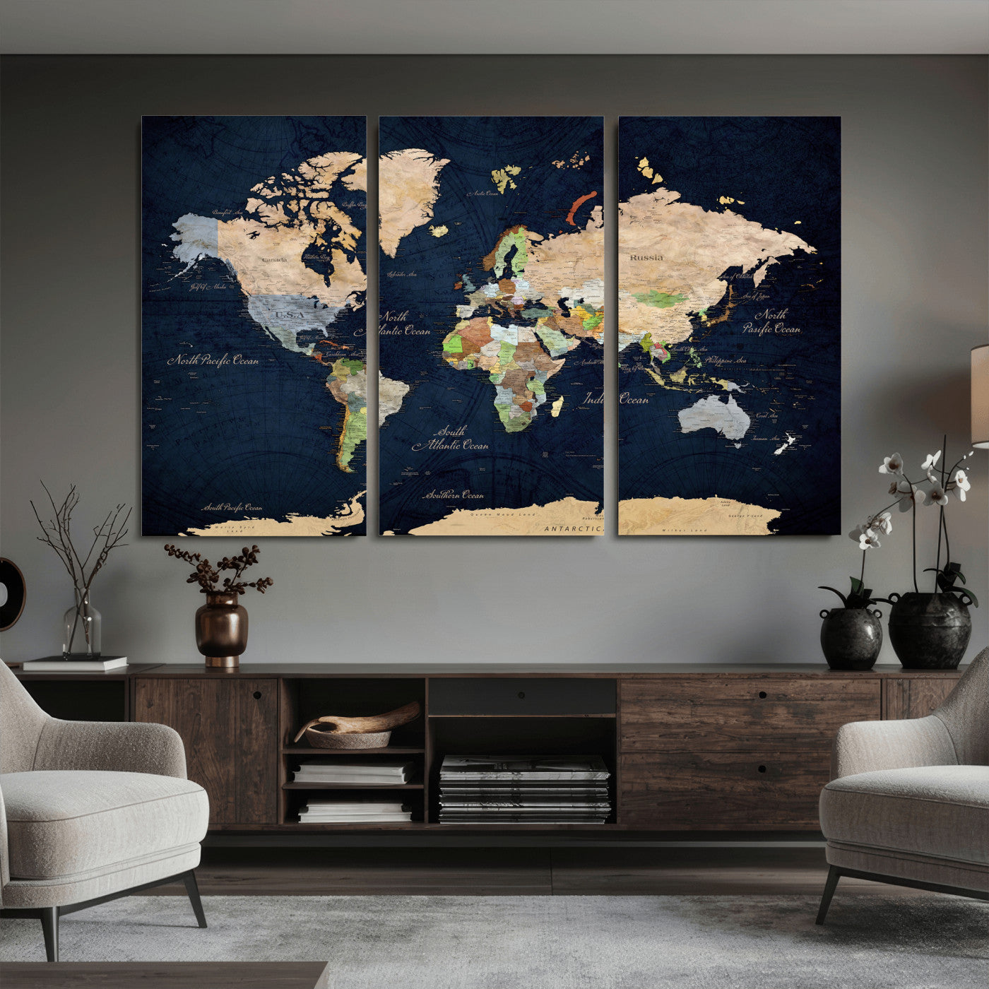 76603563-MGV-CV-36X24 - World Map Wall Art Canvas Print, Modern Decorative Framed Map Artwork Prints for Living Room, Office, Bedroom Wall Decor