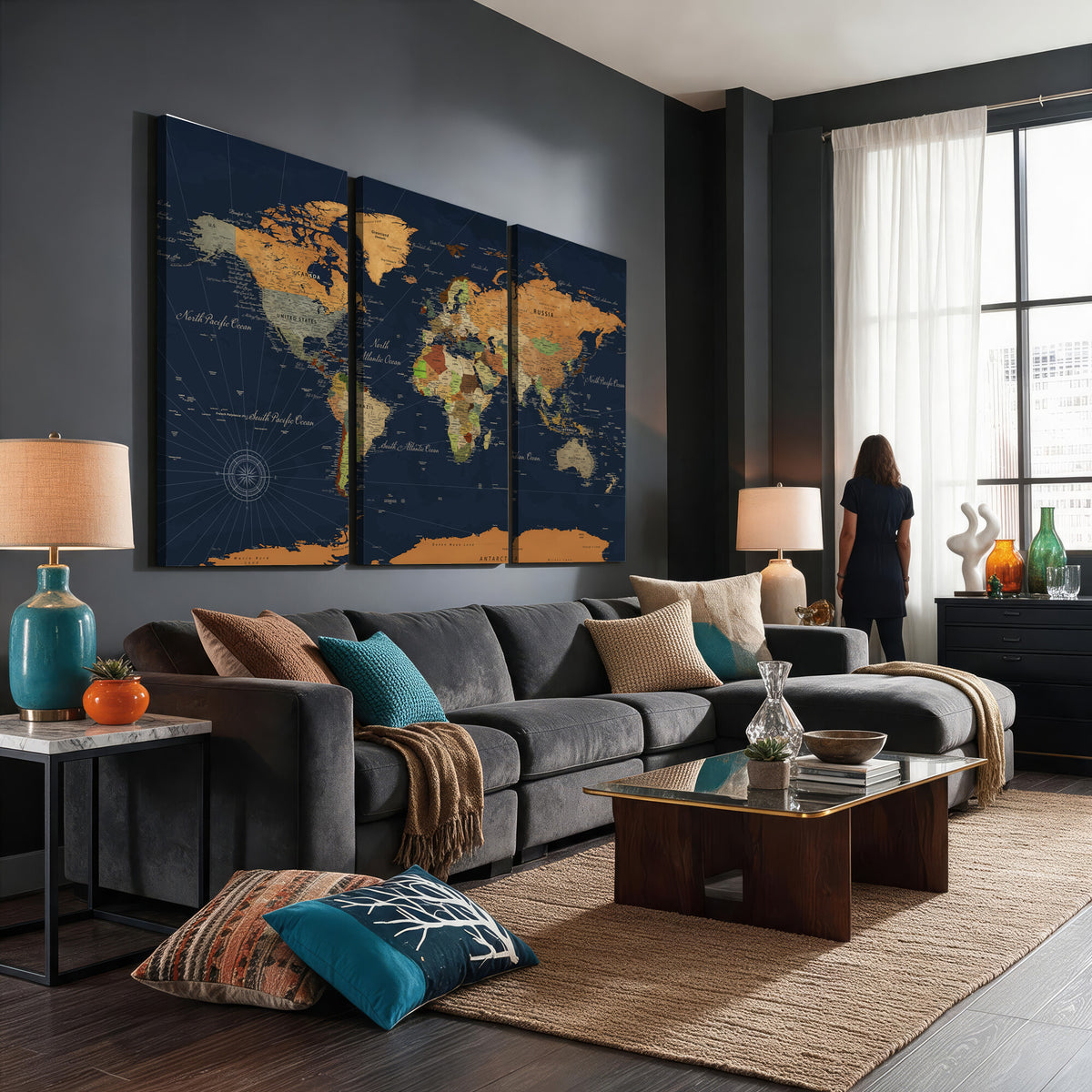 11715182-MGV-CV-36X24 - Modern World Map Canvas Print, Framed Detailed Map of the World Wall Art