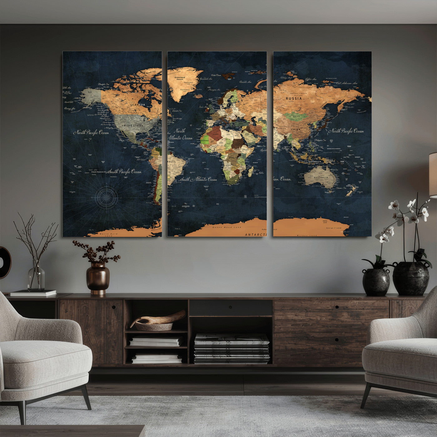 53717402-MGV-CV-36X24 - World Map Wall Art Canvas Print, Modern Decorative Framed Map Artwork Prints for Living Room, Office, Bedroom Wall Decor