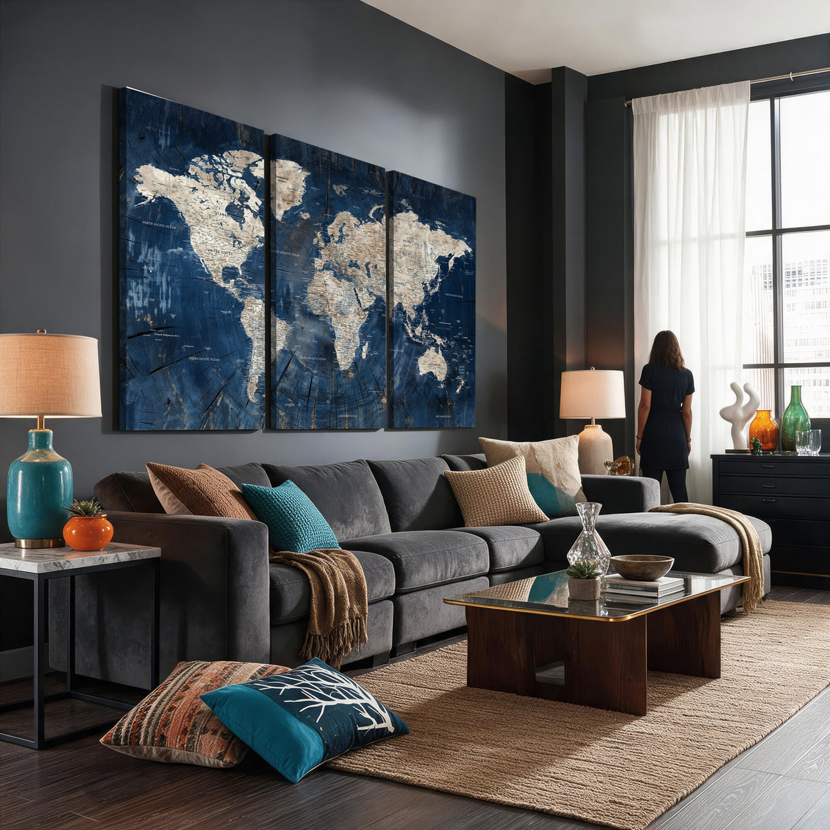 56126010-MGV-CV-36X24 - Large Blue World Map Wall Art Canvas Print for Home Office