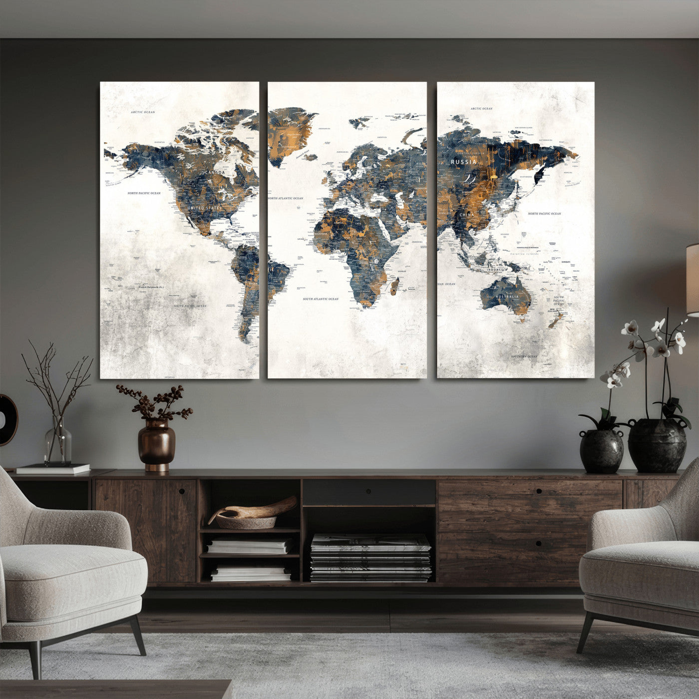 52451147-MGV-CV-36X24 - World Map Wall Art Canvas Print, Modern Decorative Framed Map Artwork Prints for Living Room, Office, Bedroom Wall Decor