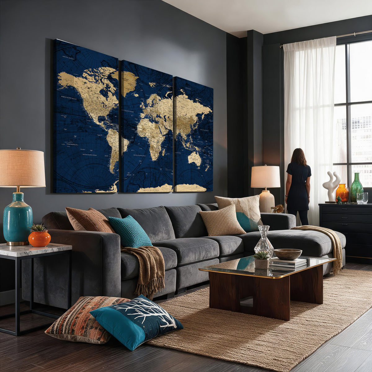54770746-MGV-CV-36X24 - Navy Blue World Map Canvas Print – Detailed Map Minimal Navy